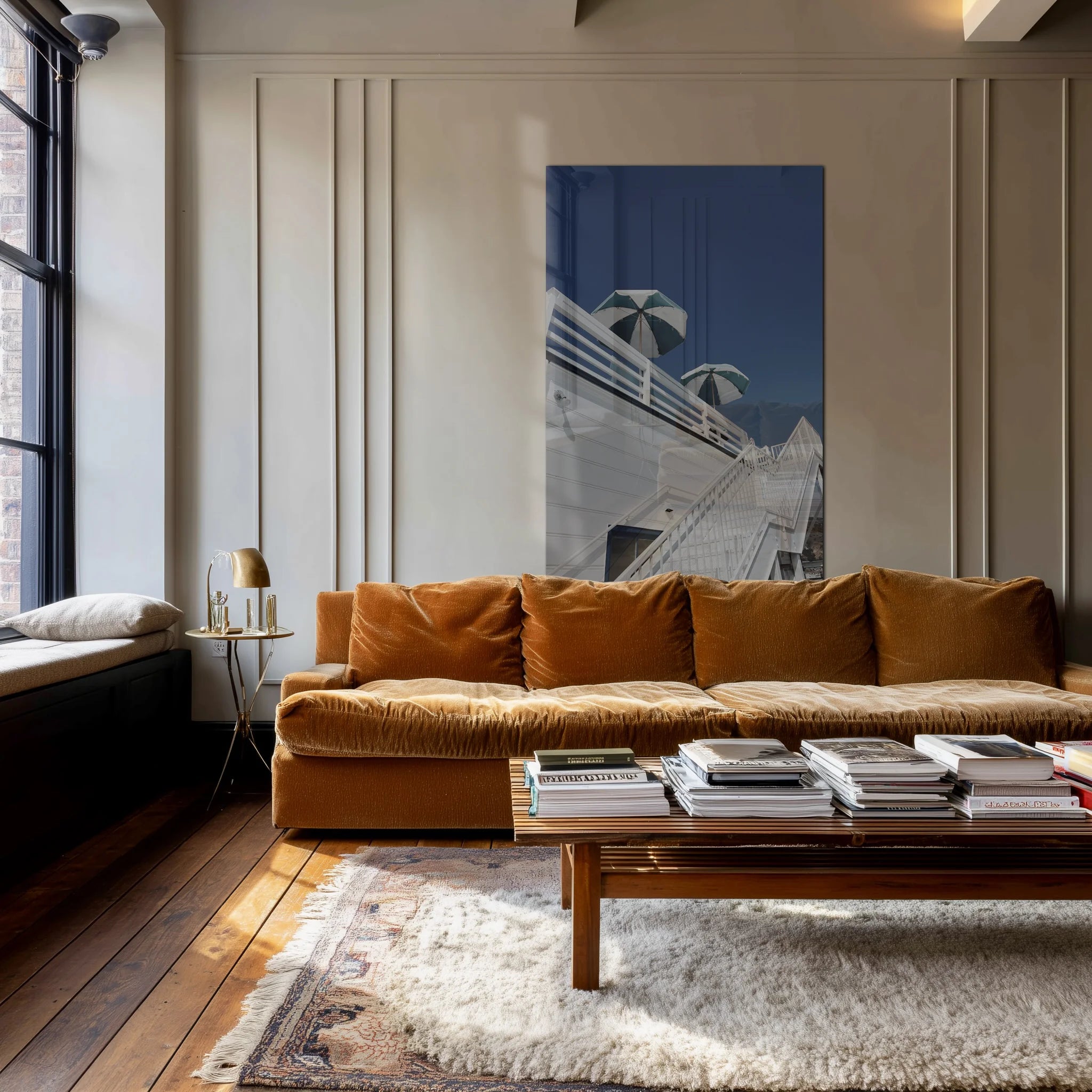 Grand Hotel above a linen sofa in a sunlit Berlin altbau living room