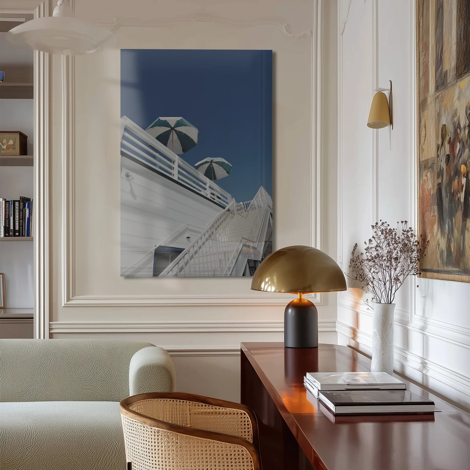 Grand Hotel in a minimalist white kitchen with marble counter and morning light