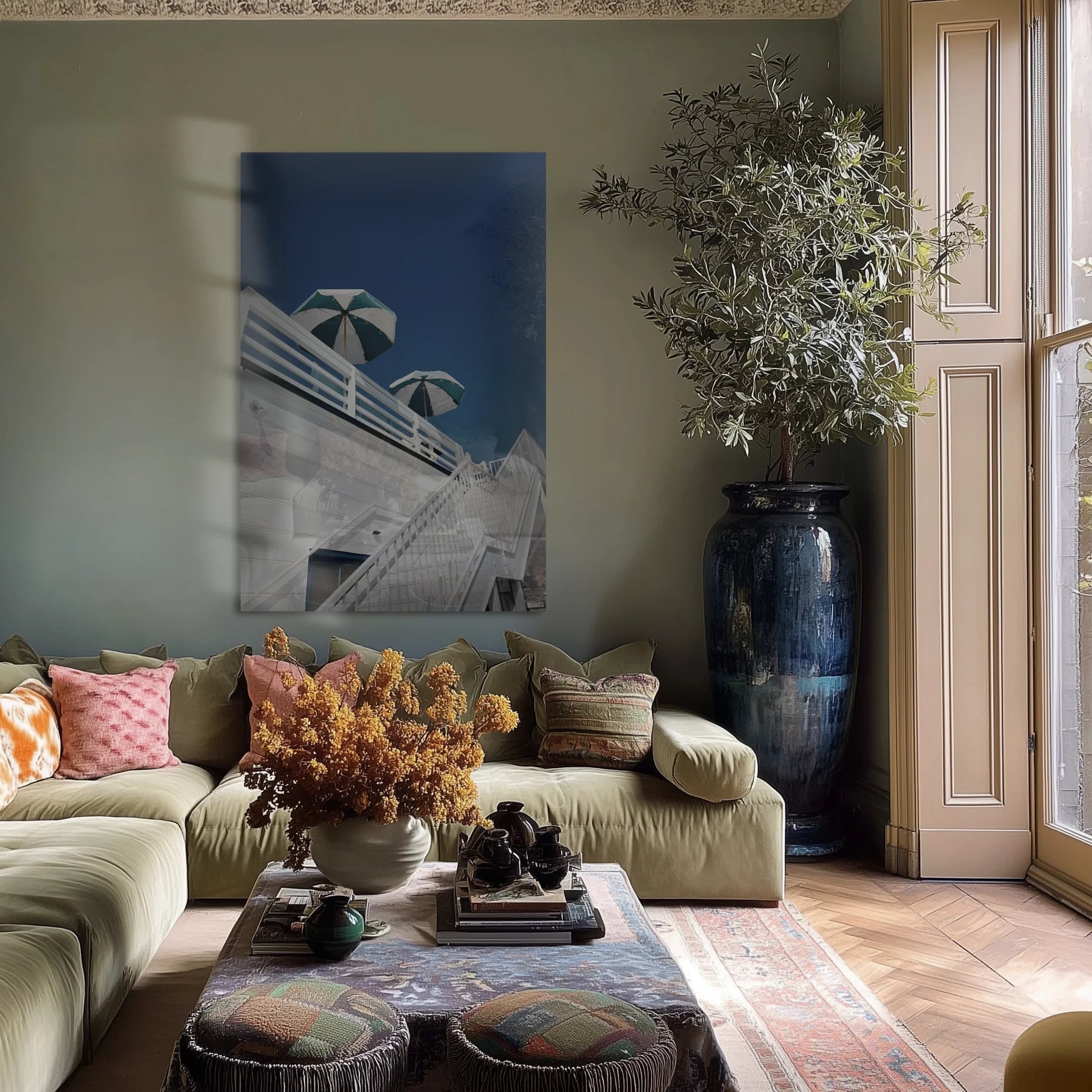 Grand Hotel in a coastal-toned bedroom over a linen-dressed bed