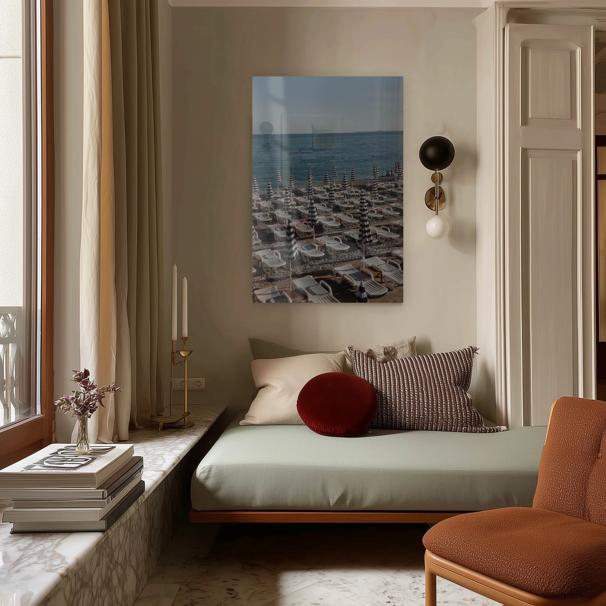 Grande Marina above a linen sofa in a sunlit Berlin altbau living room