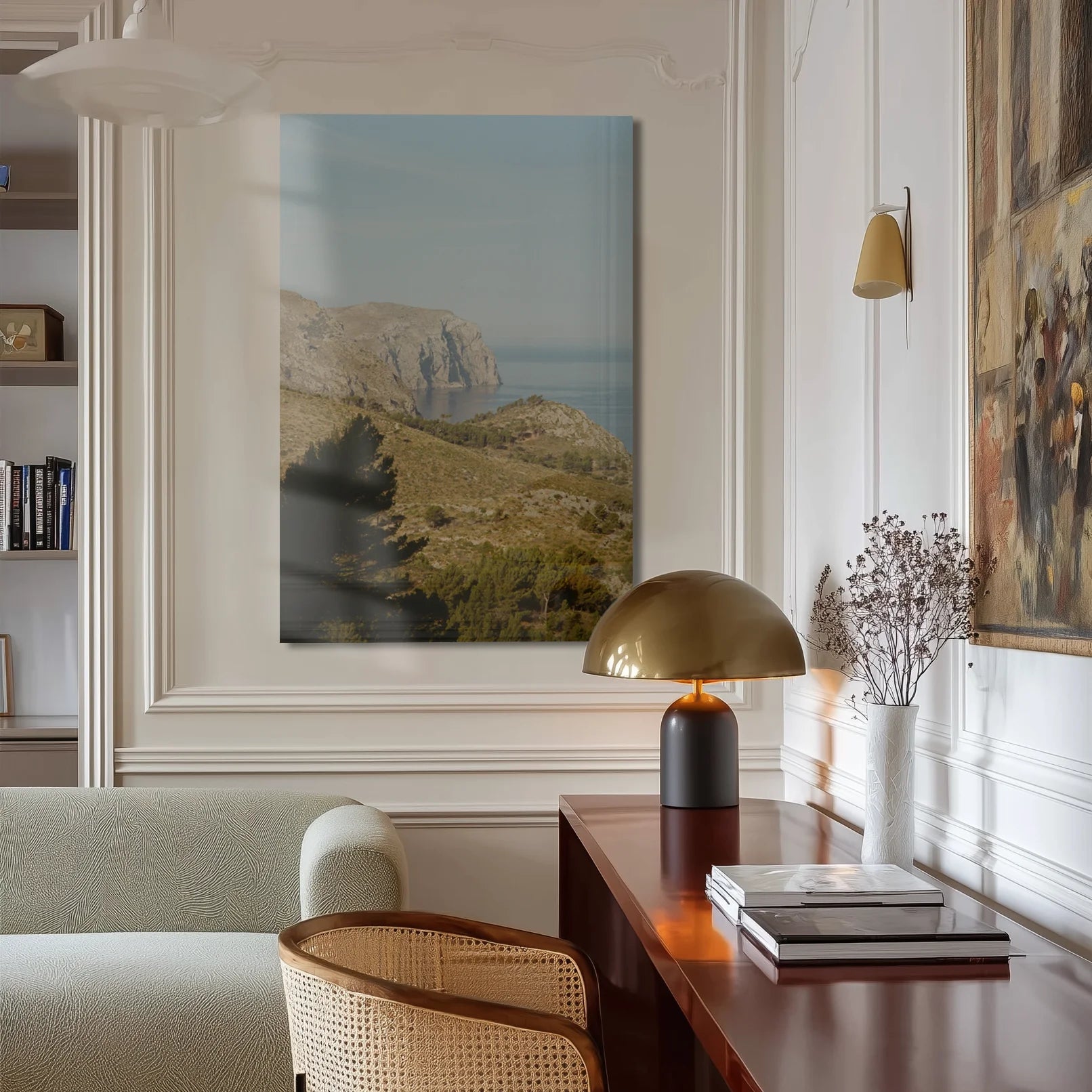 Mediterranean 0 above a linen sofa in a warm Berlin altbau living room
