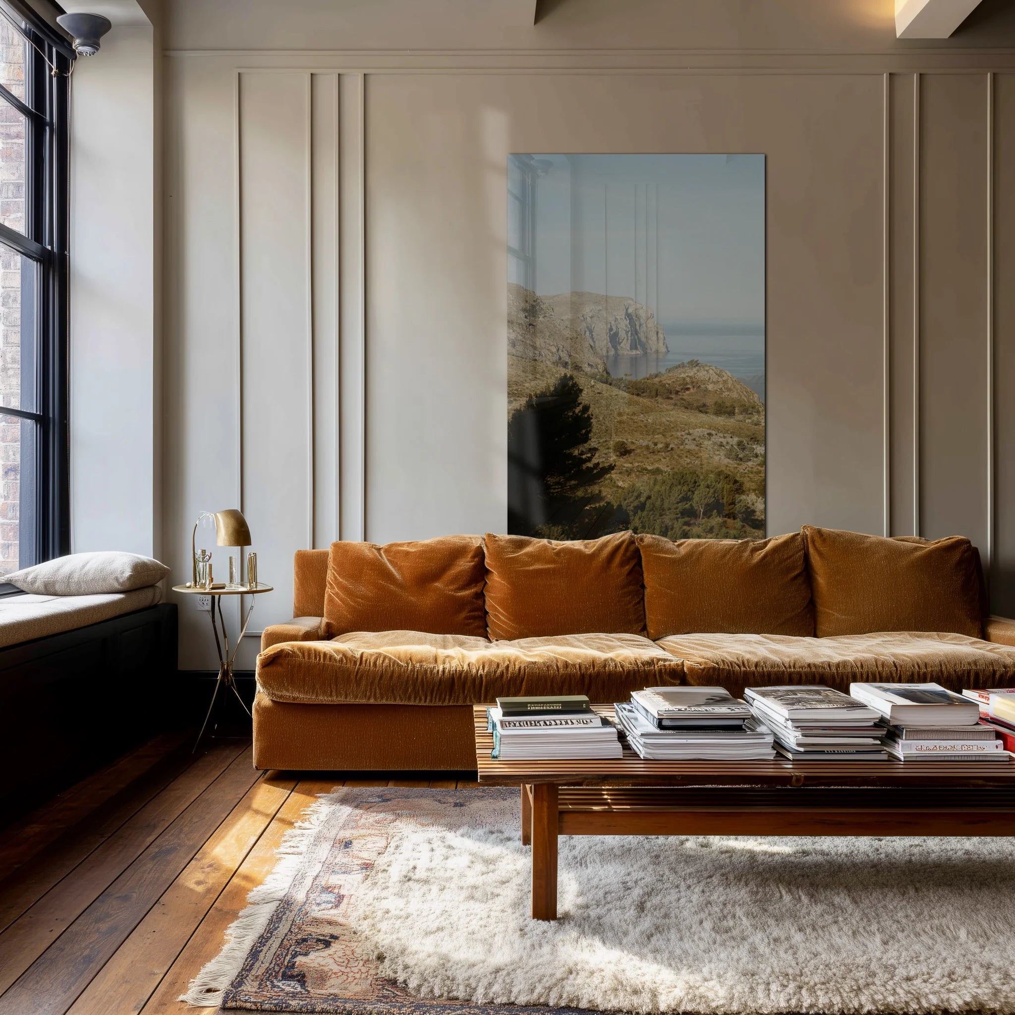 Mediterranean 0 in a sun-warmed studio above a low travertine bench