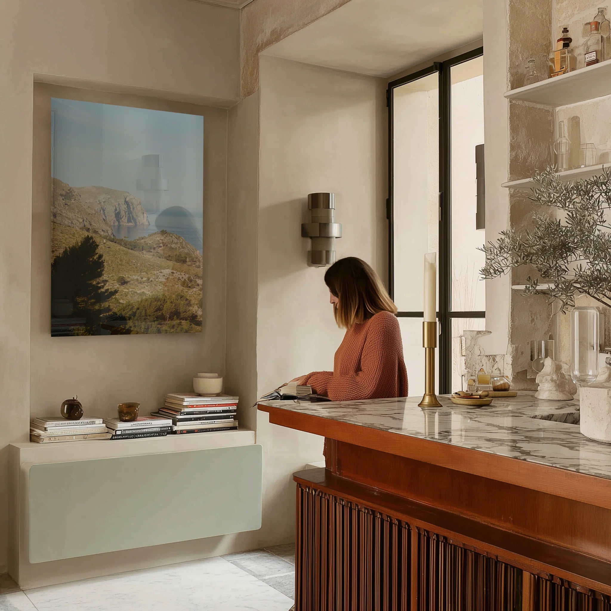 Mediterranean 0 in a quiet dining room above a walnut sideboard