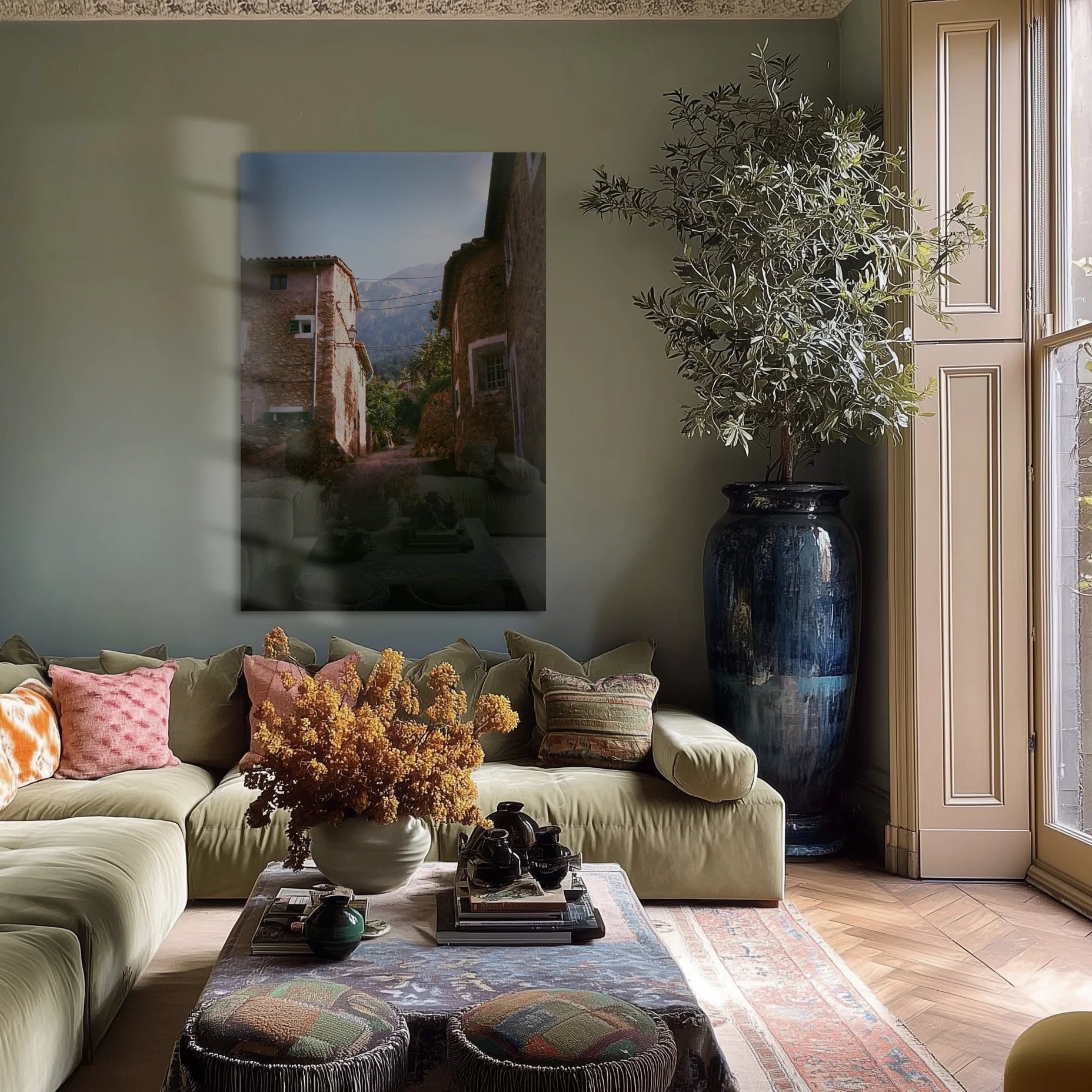 Il Vicolo in a hallway with limewashed walls and a vintage runner rug