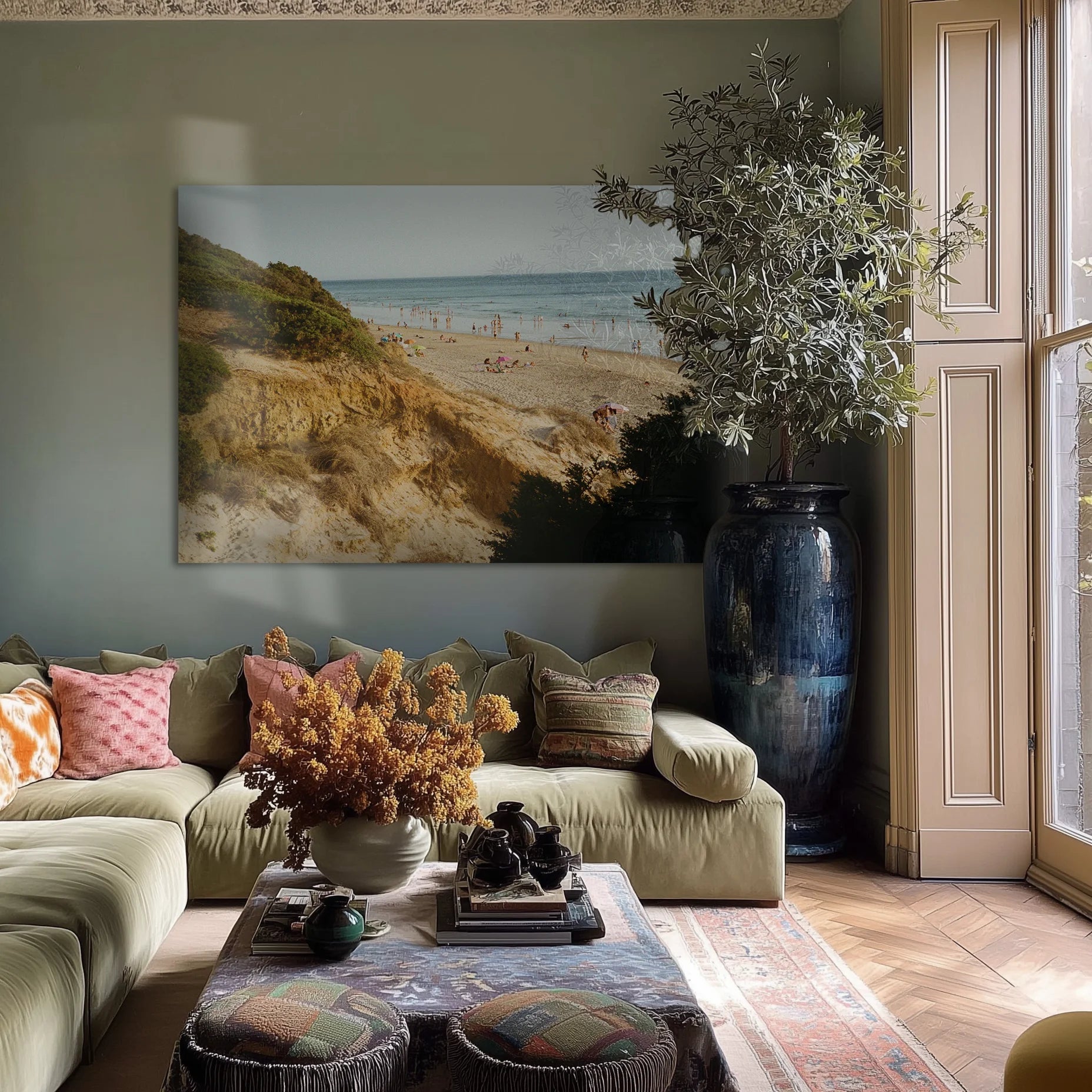 La Grotta in a coastal-toned dining room above a walnut sideboard