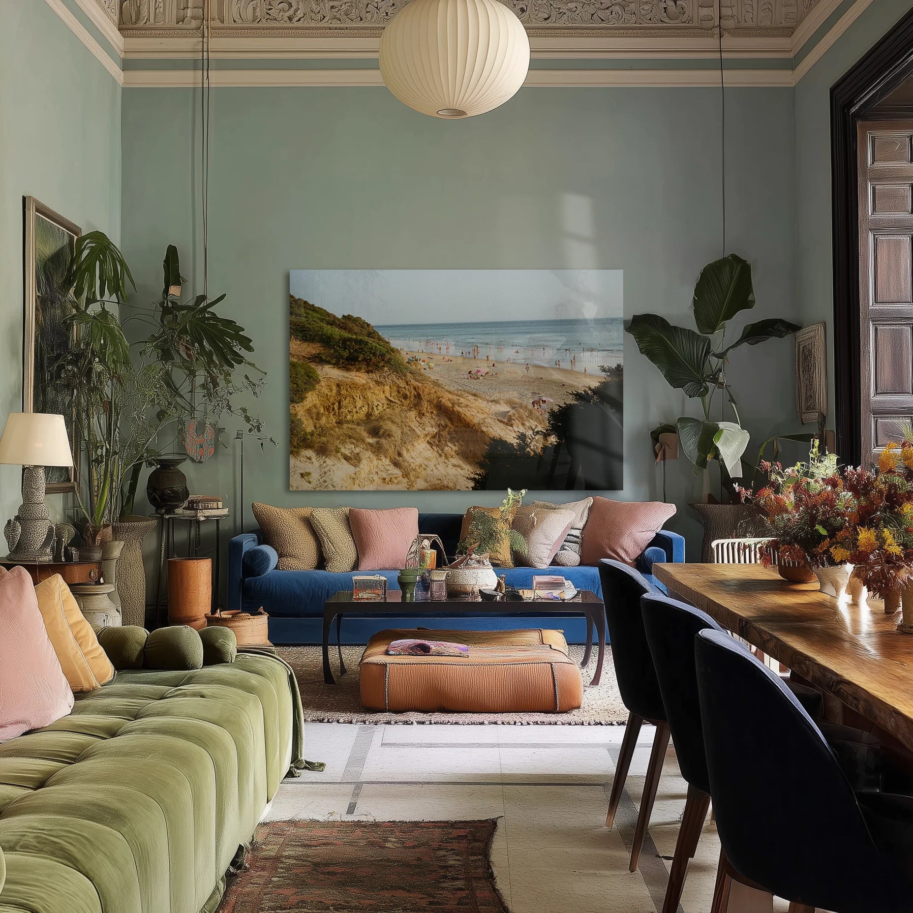 La Grotta in a sunlit reading corner with a bouclé chair and floor lamp