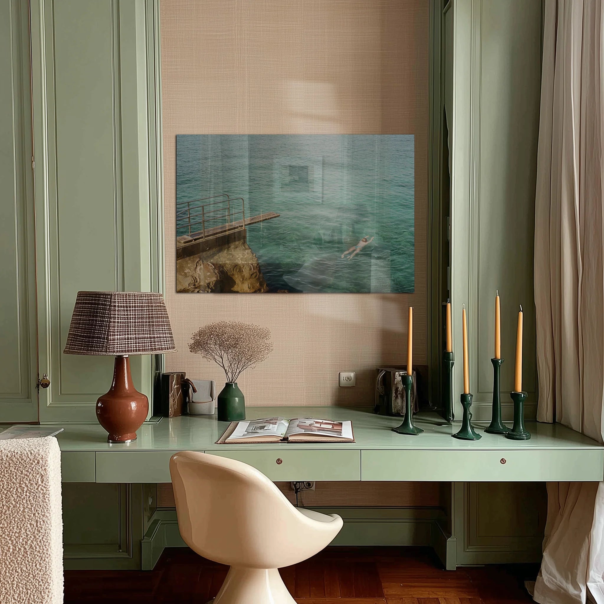 Mediterranean 2 in a lounge with terracotta walls and a low brass lamp