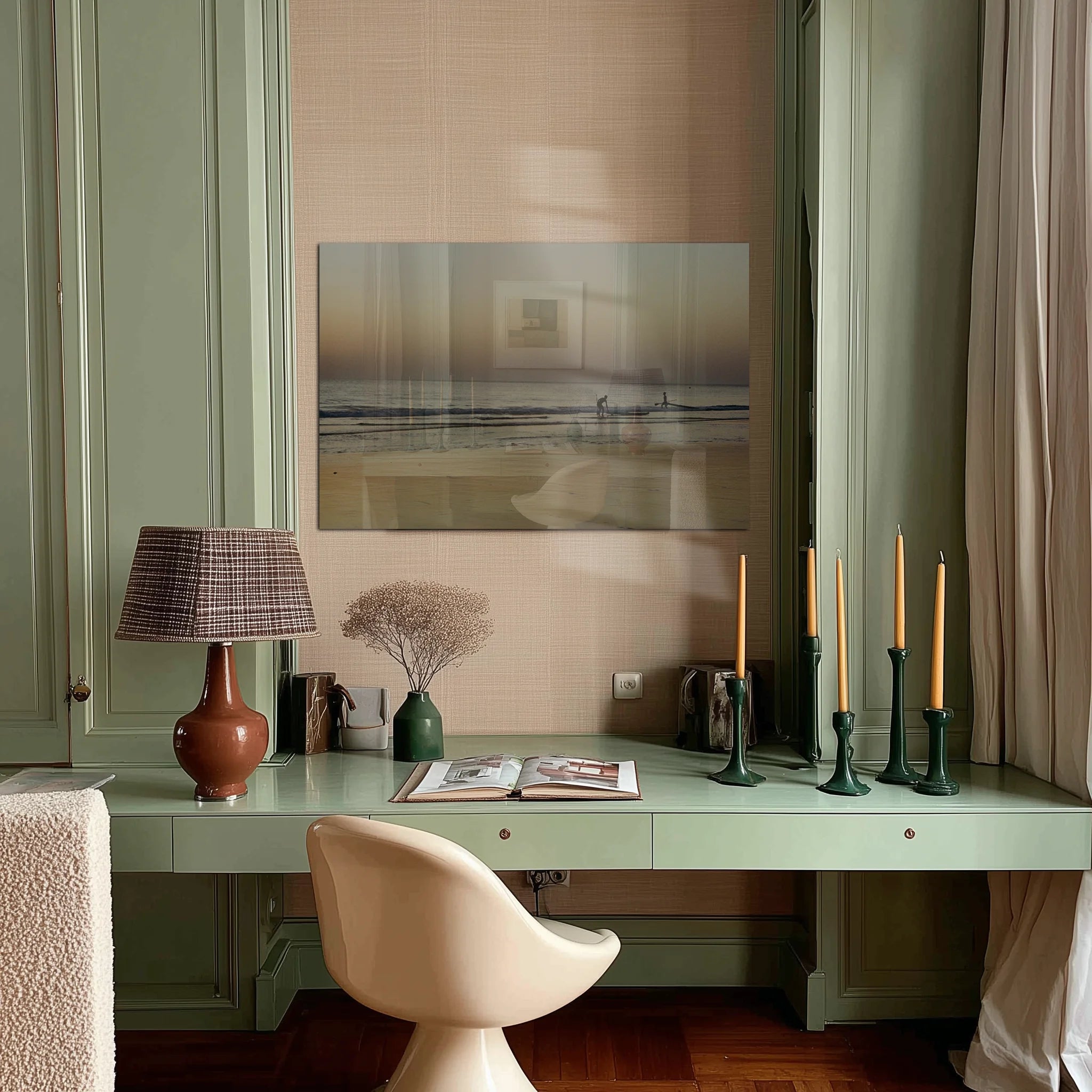 Mediterranean 19 Dunes above a sand-toned linen sofa in a calm Berlin altbau living room