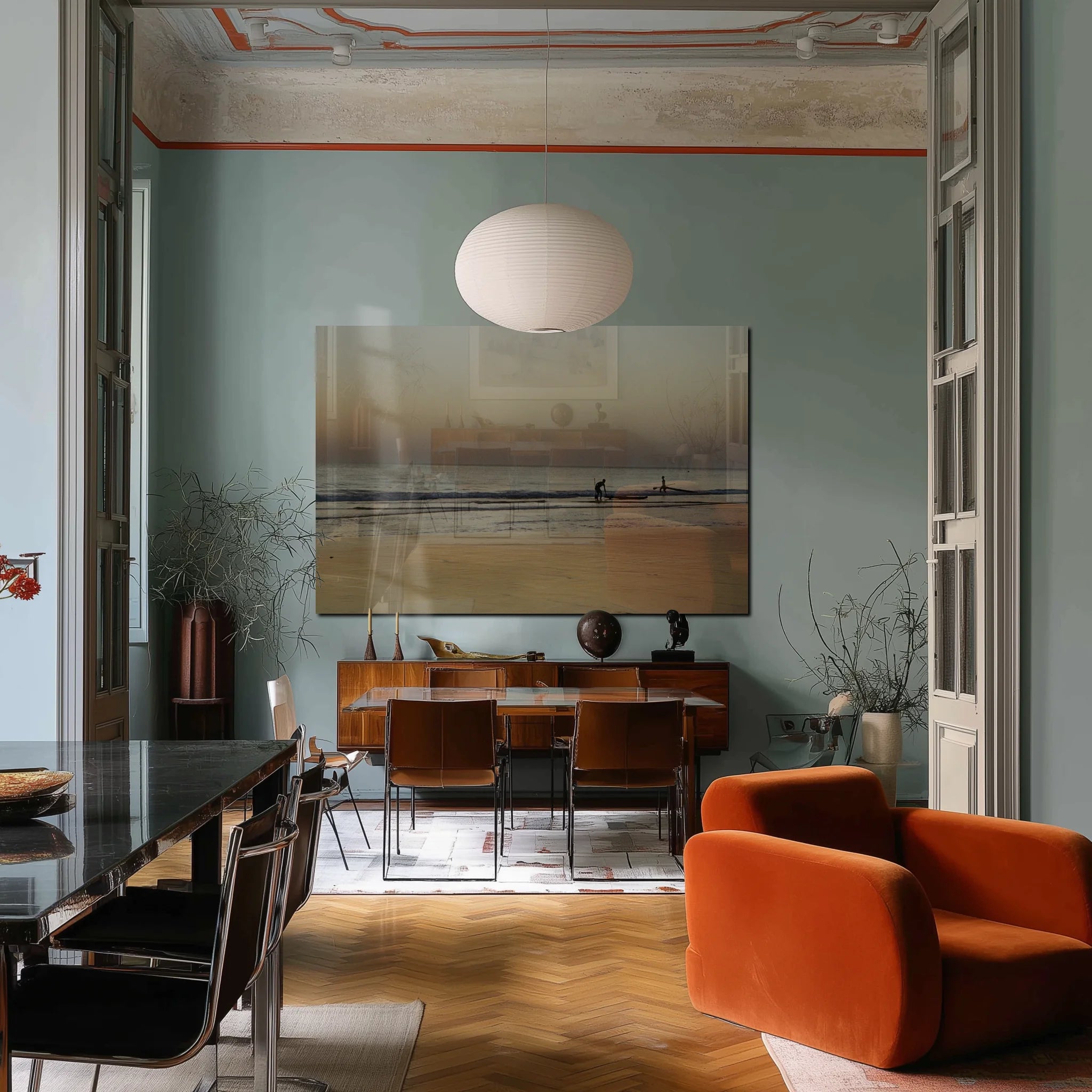 Mediterranean 19 Dunes in a chalk-white hallway with raw oak bench and woven basket