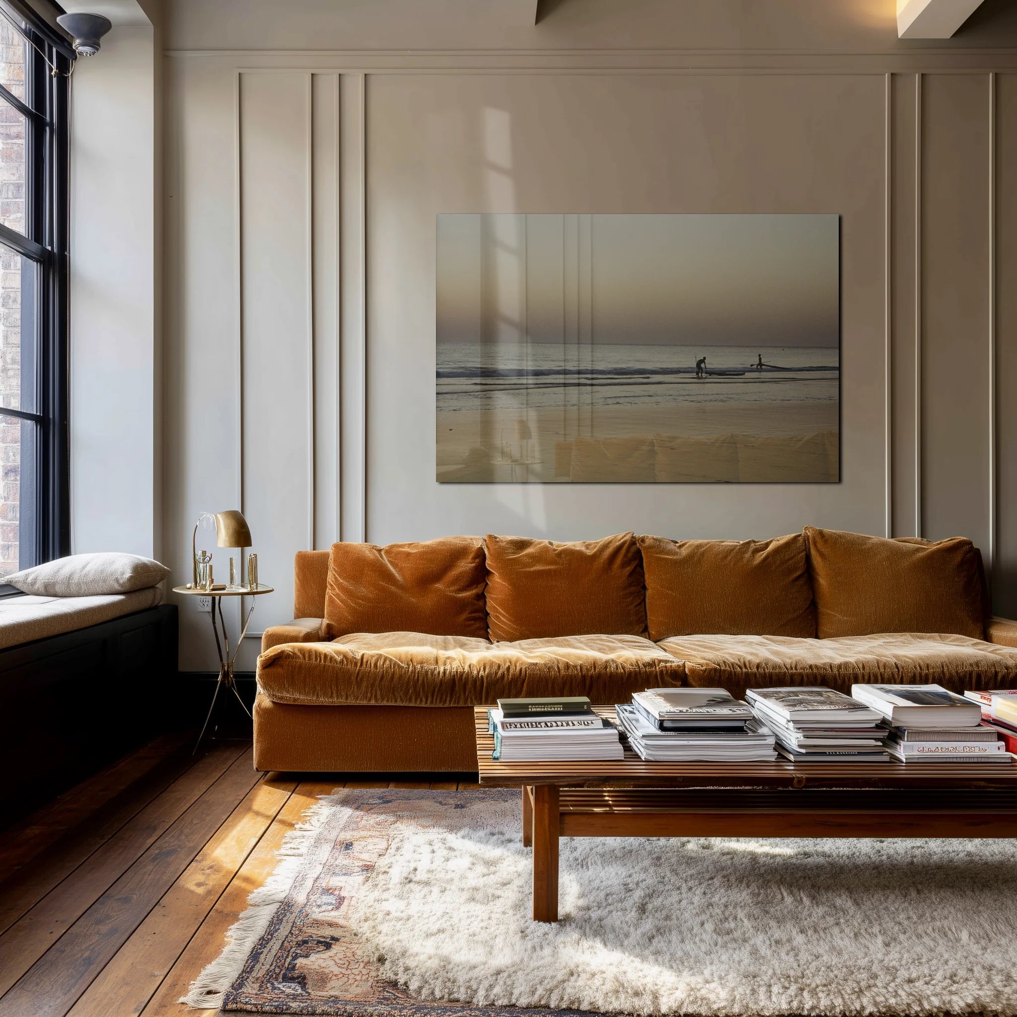 Mediterranean 19 Dunes in a minimalist studio above a walnut desk and brass lamp
