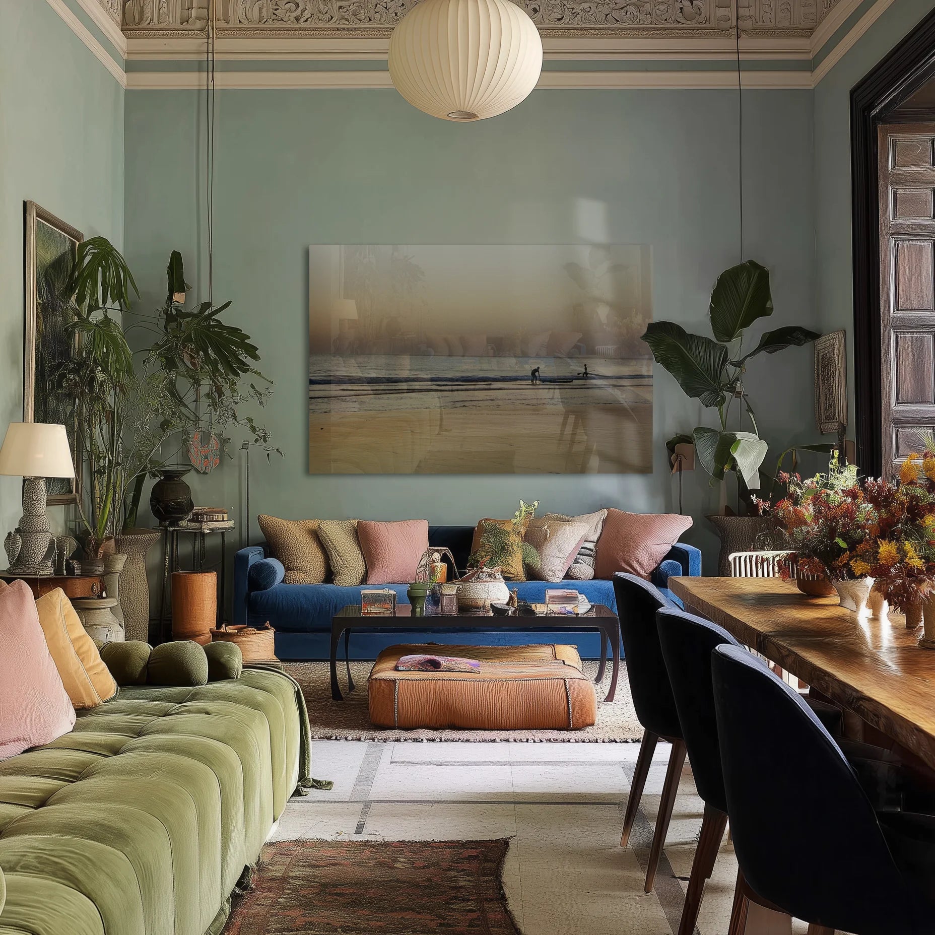 Mediterranean 19 Dunes in a coastal-toned dining room with rattan chairs and clay vessels
