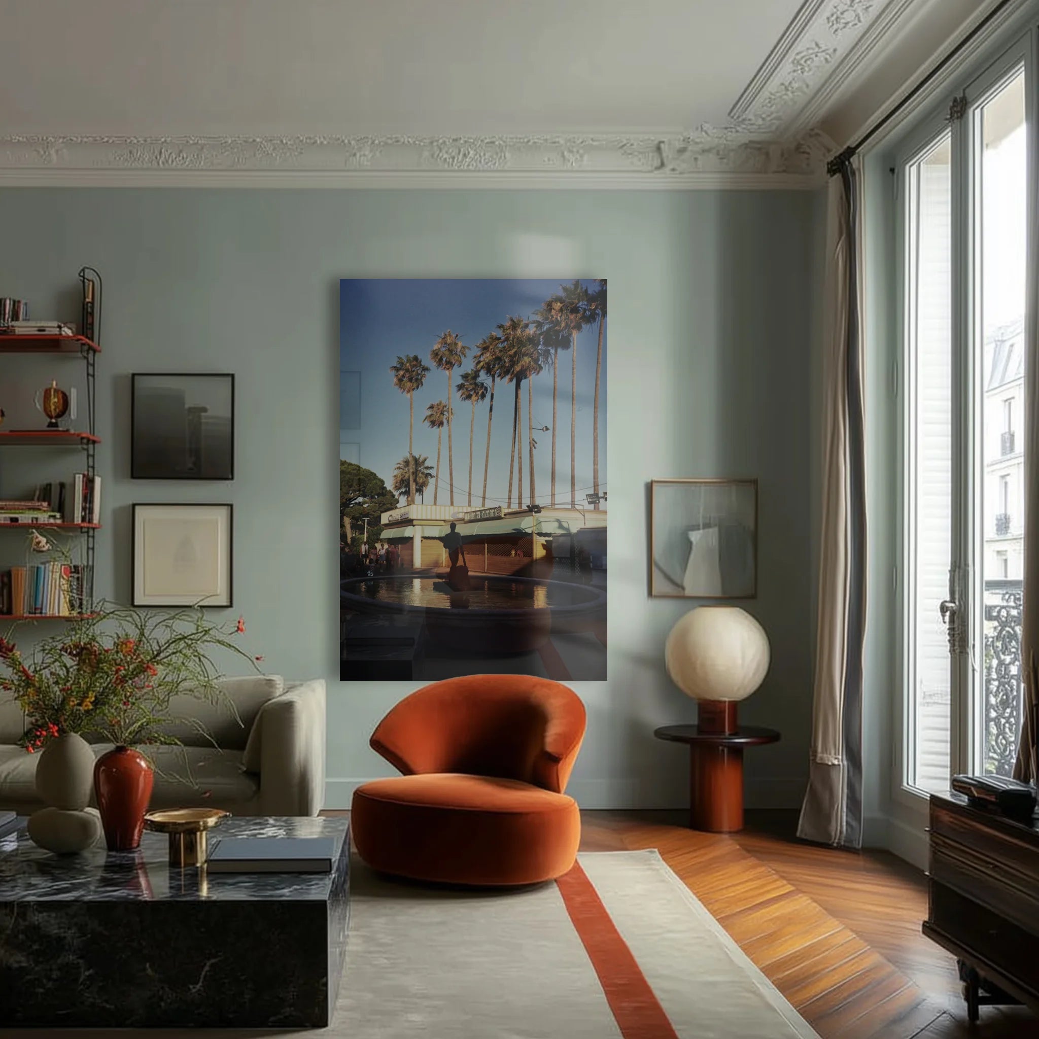 Mediterranean 22 above a linen sofa in a warm Berlin altbau living room at dusk