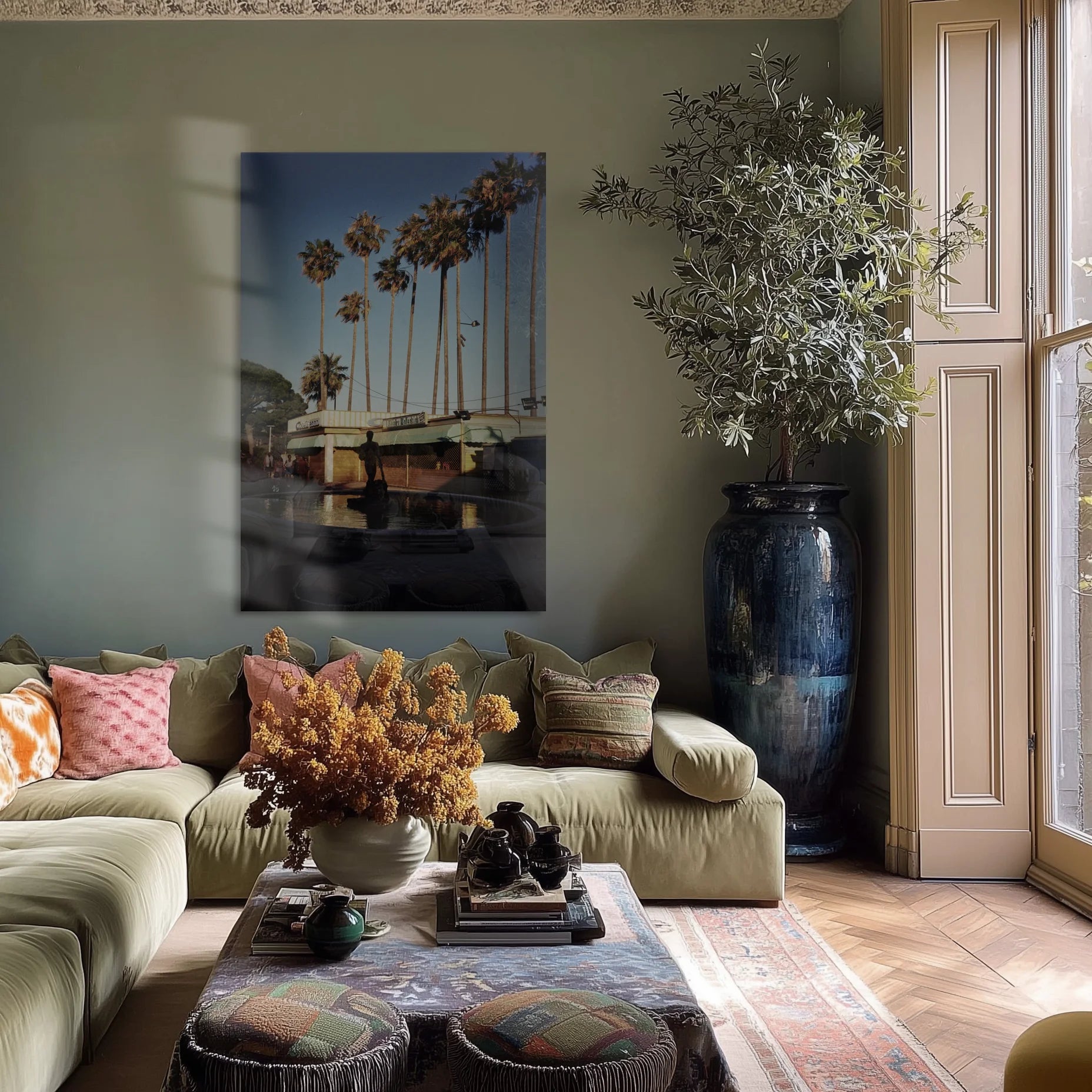 Mediterranean 22 in a hallway above a low travertine console with ceramics