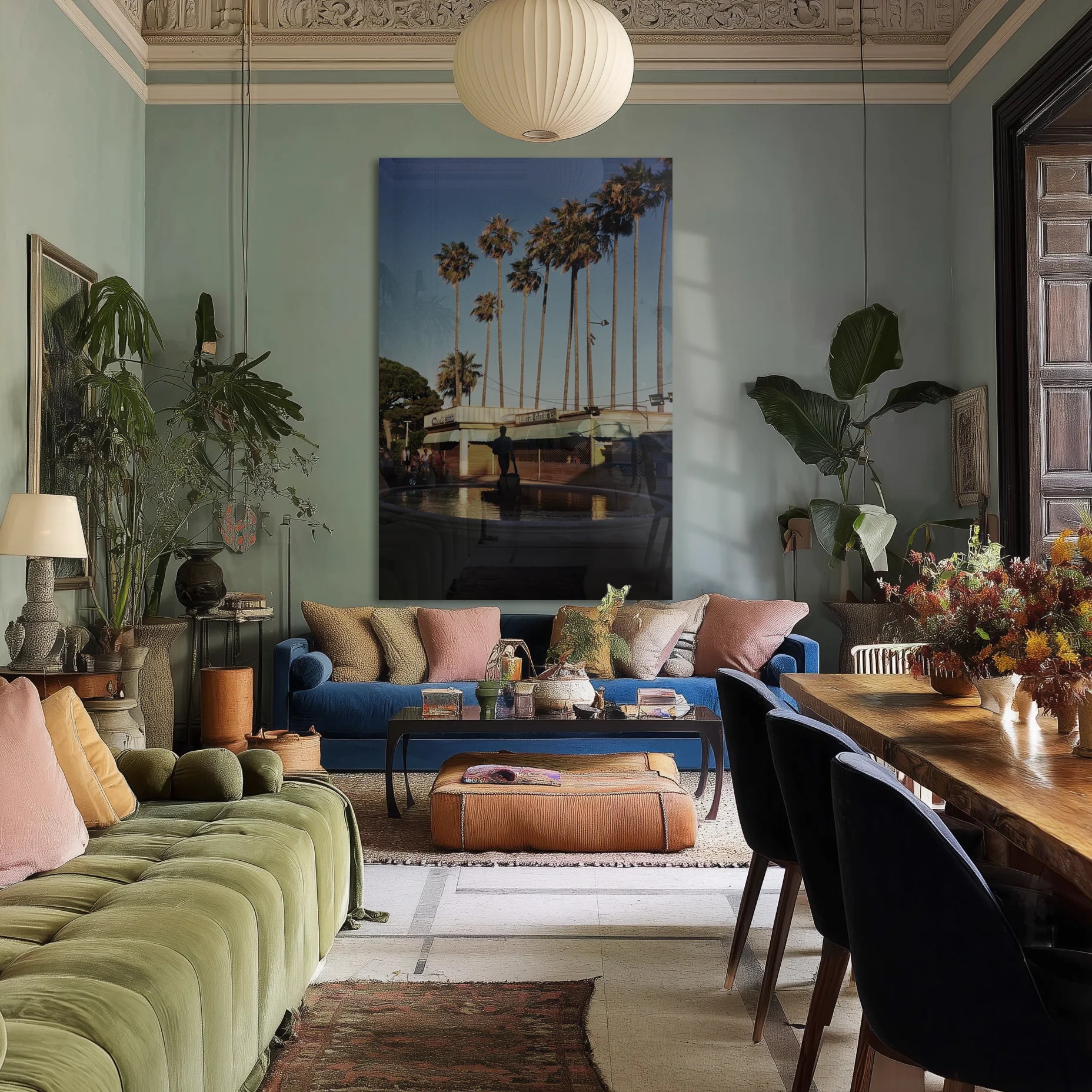 Mediterranean 22 in a dining room behind a stone table and rattan chairs
