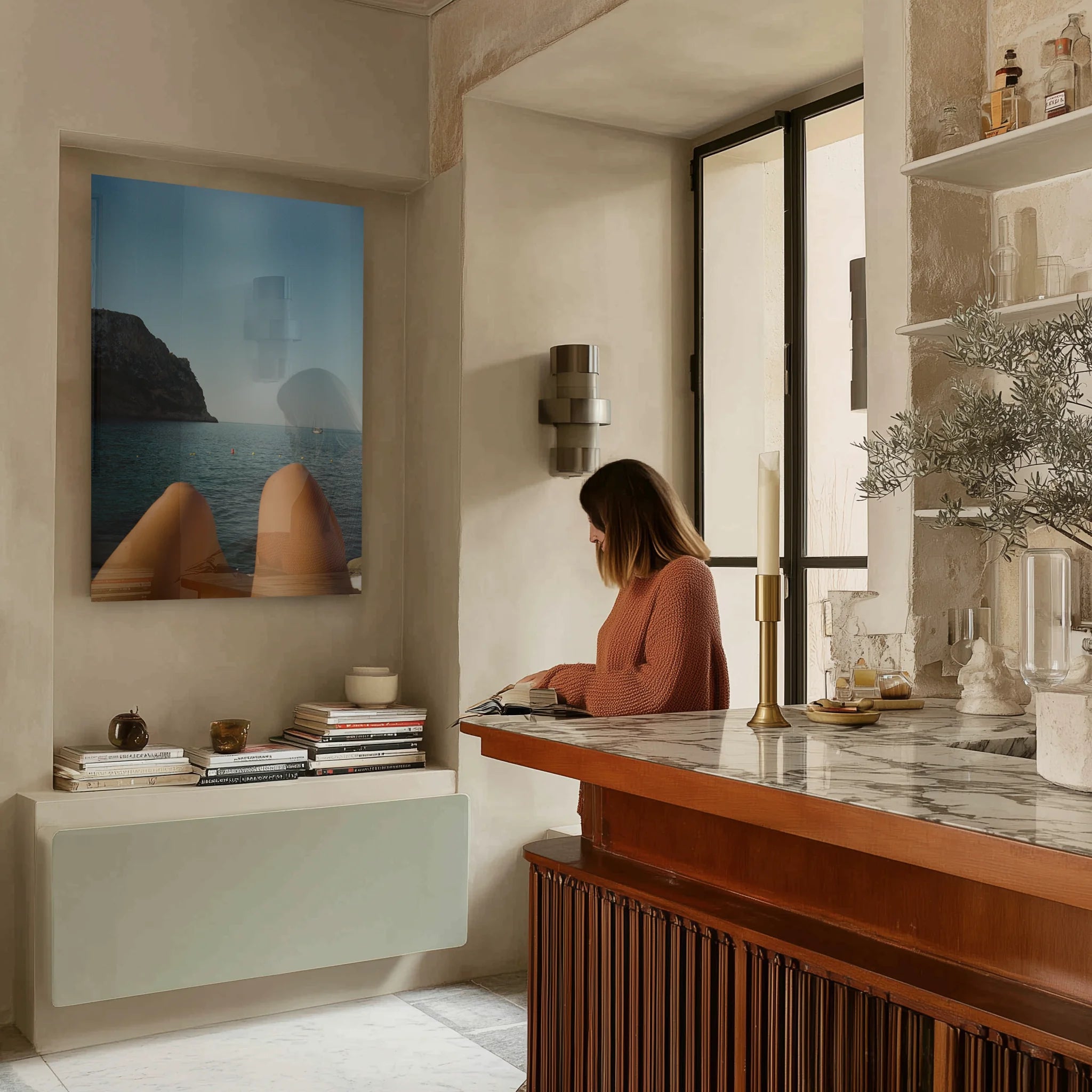 Mediterranean Monte Nero hung in a minimalist hallway with terracotta tiled floor