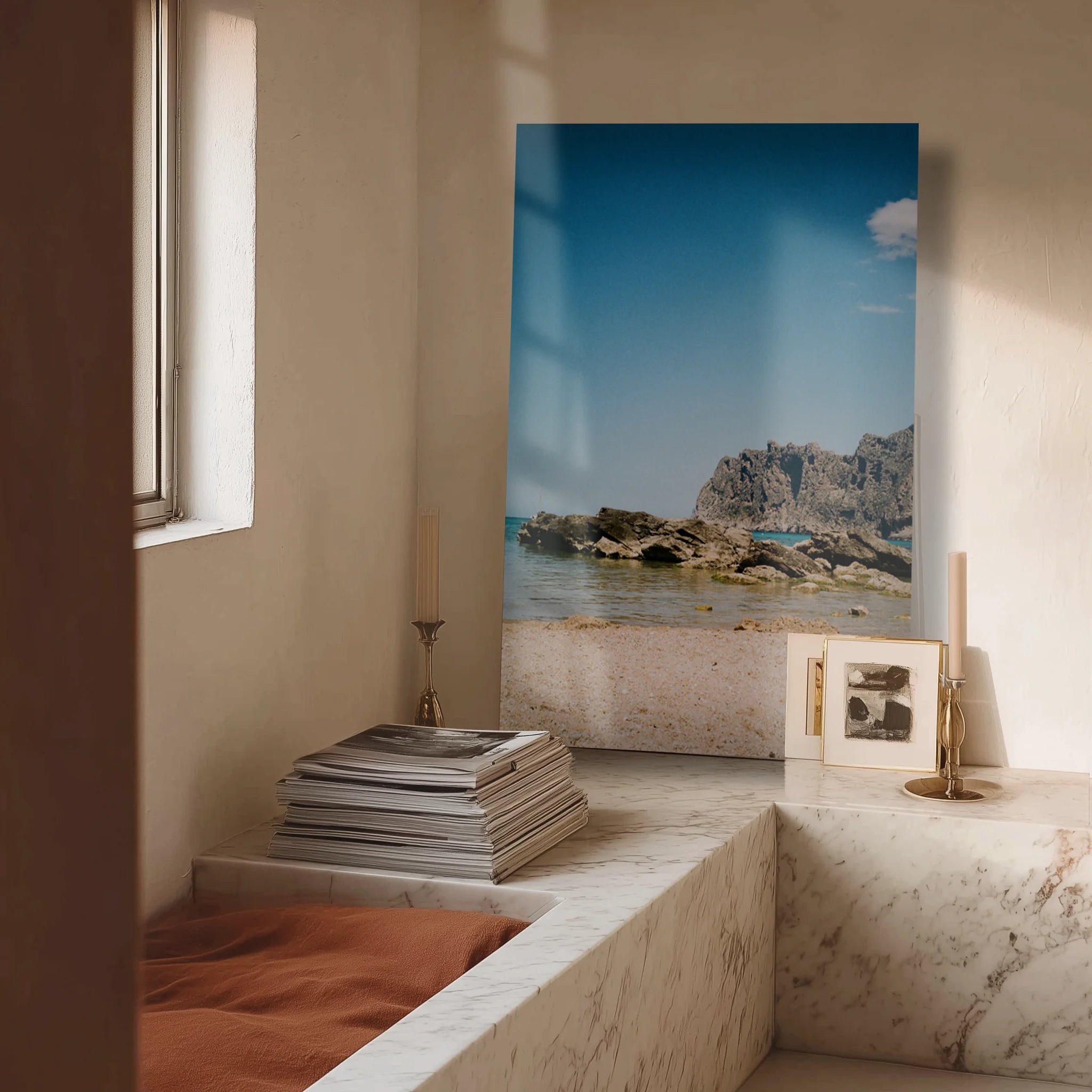 Morning Cove in a hallway above a travertine console with ceramic vase