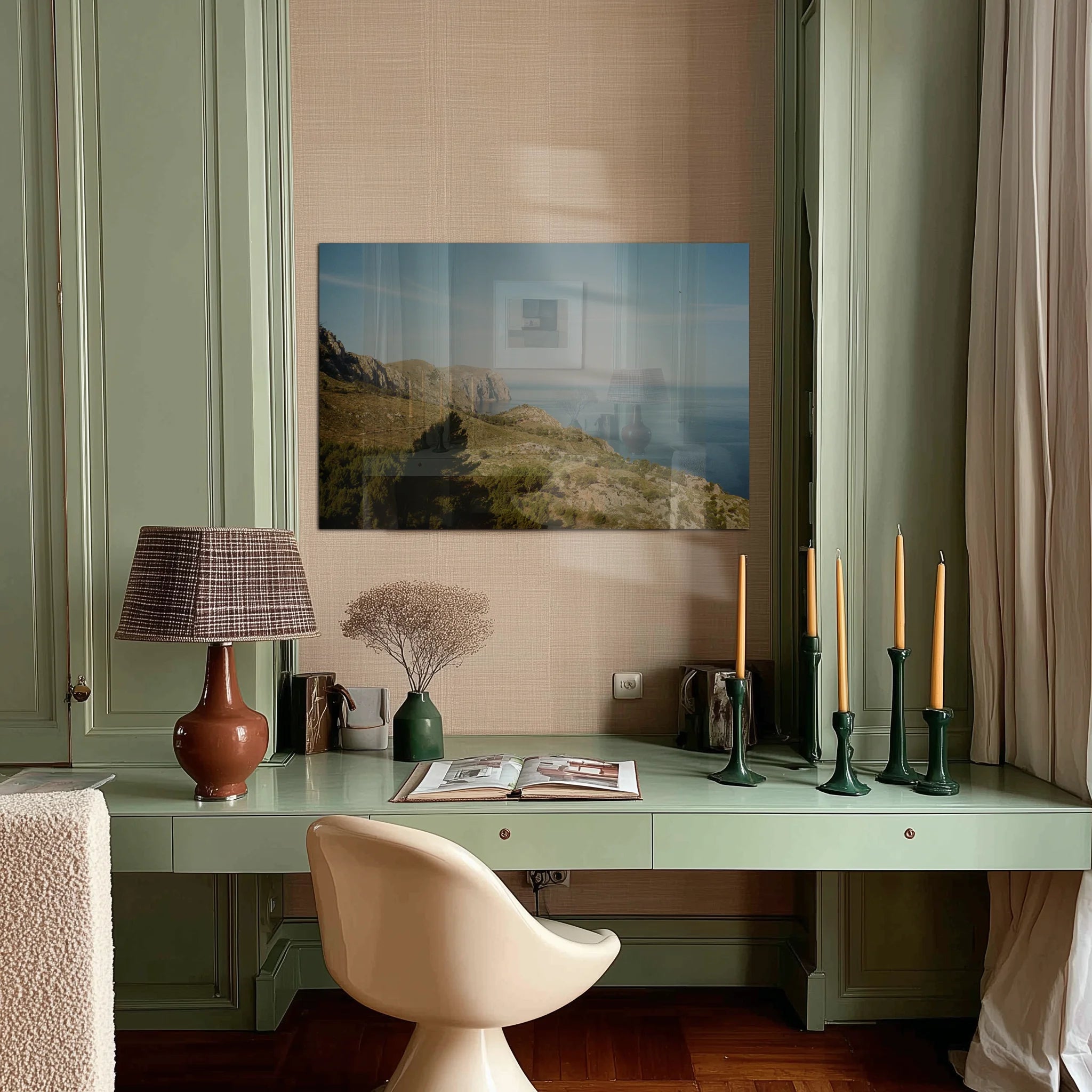 Oasis above a linen sofa in a sun-warmed Mediterranean living room