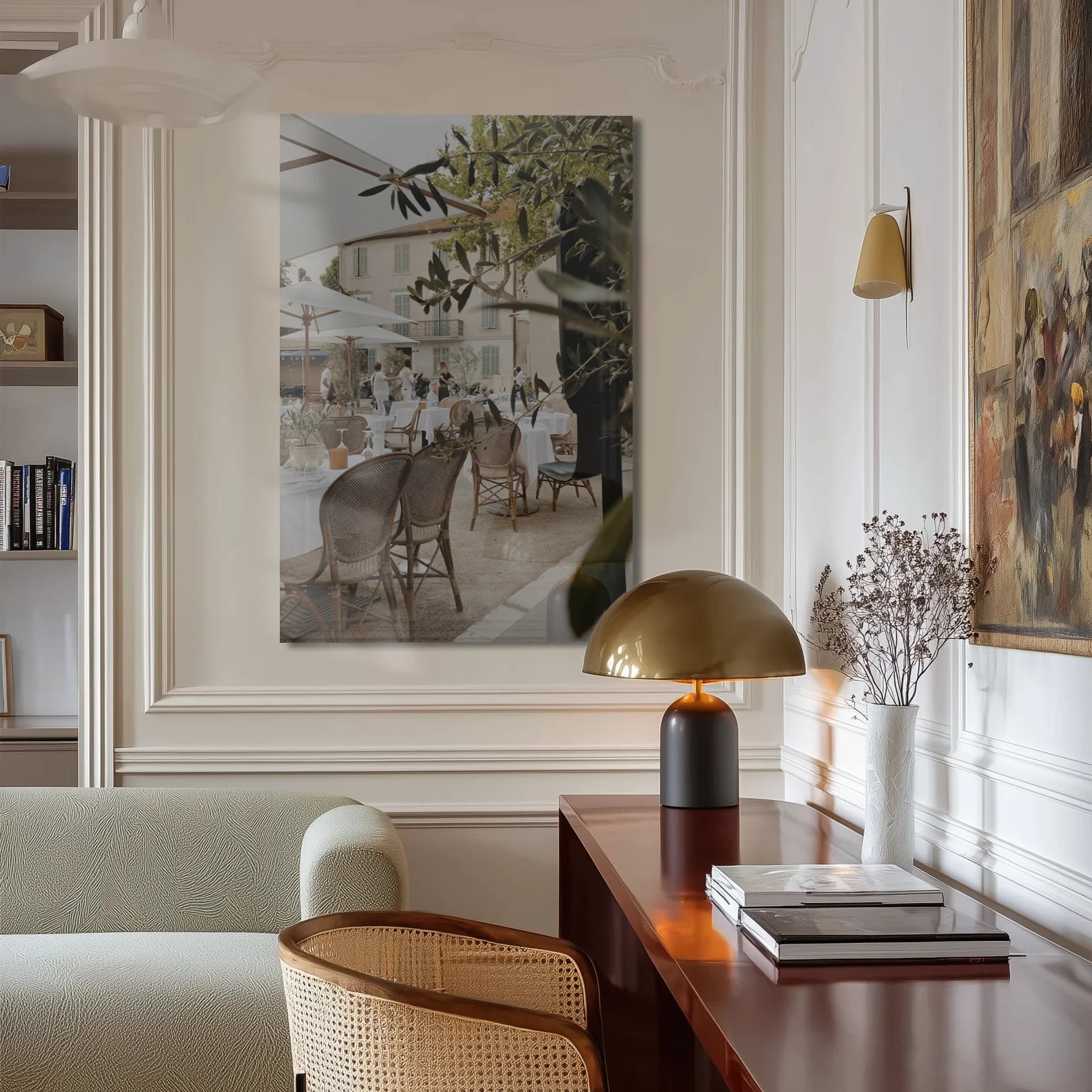 Mediterranean Olive Hour above a linen sofa in a warm Berlin altbau living room
