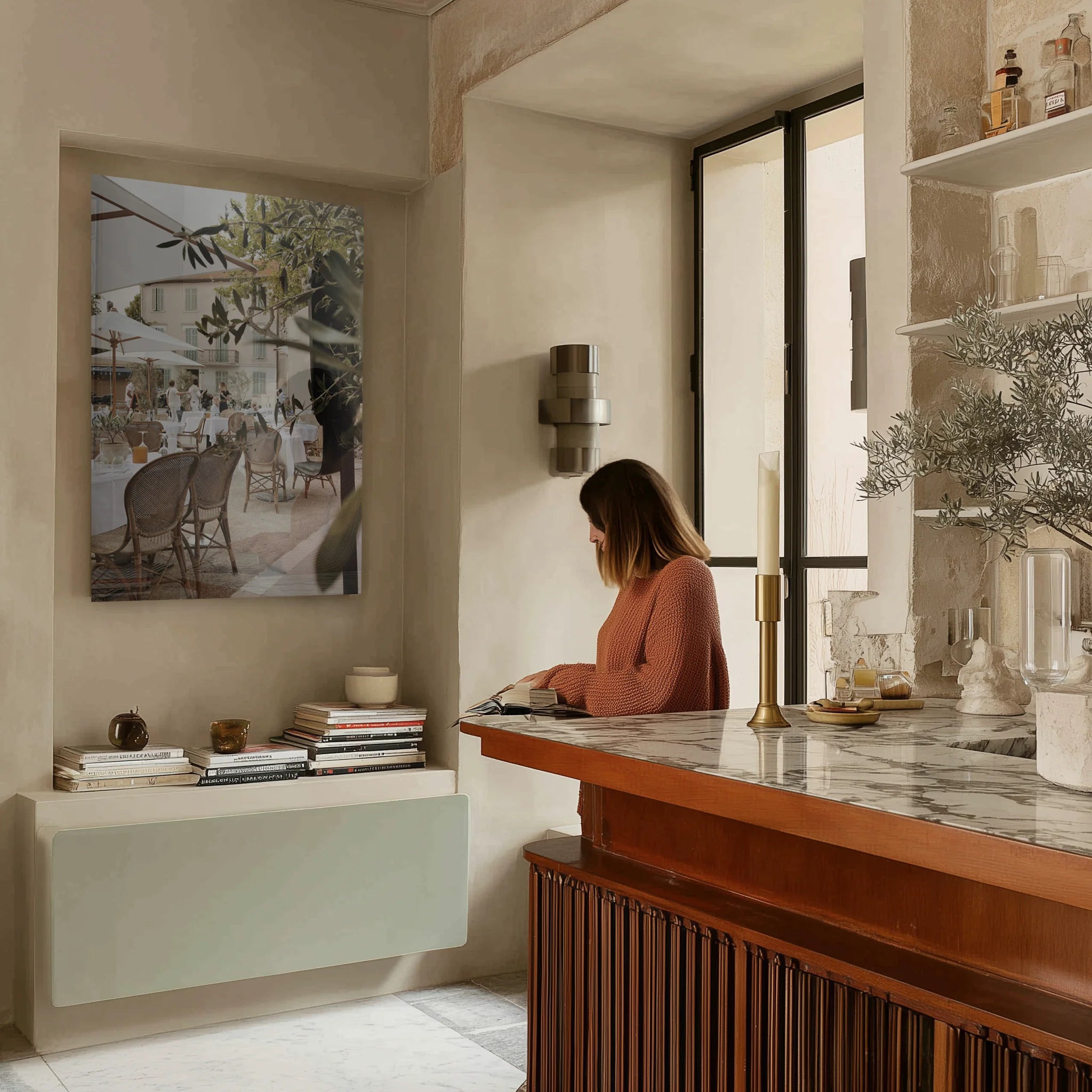 Mediterranean Olive Hour in a sunlit study with a walnut desk and stacked books