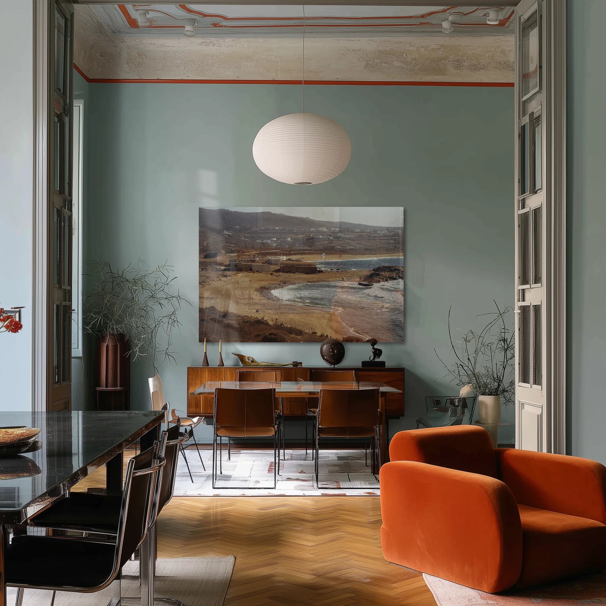 Palm Coast above a linen sofa in a sun-warmed Berlin altbau living room