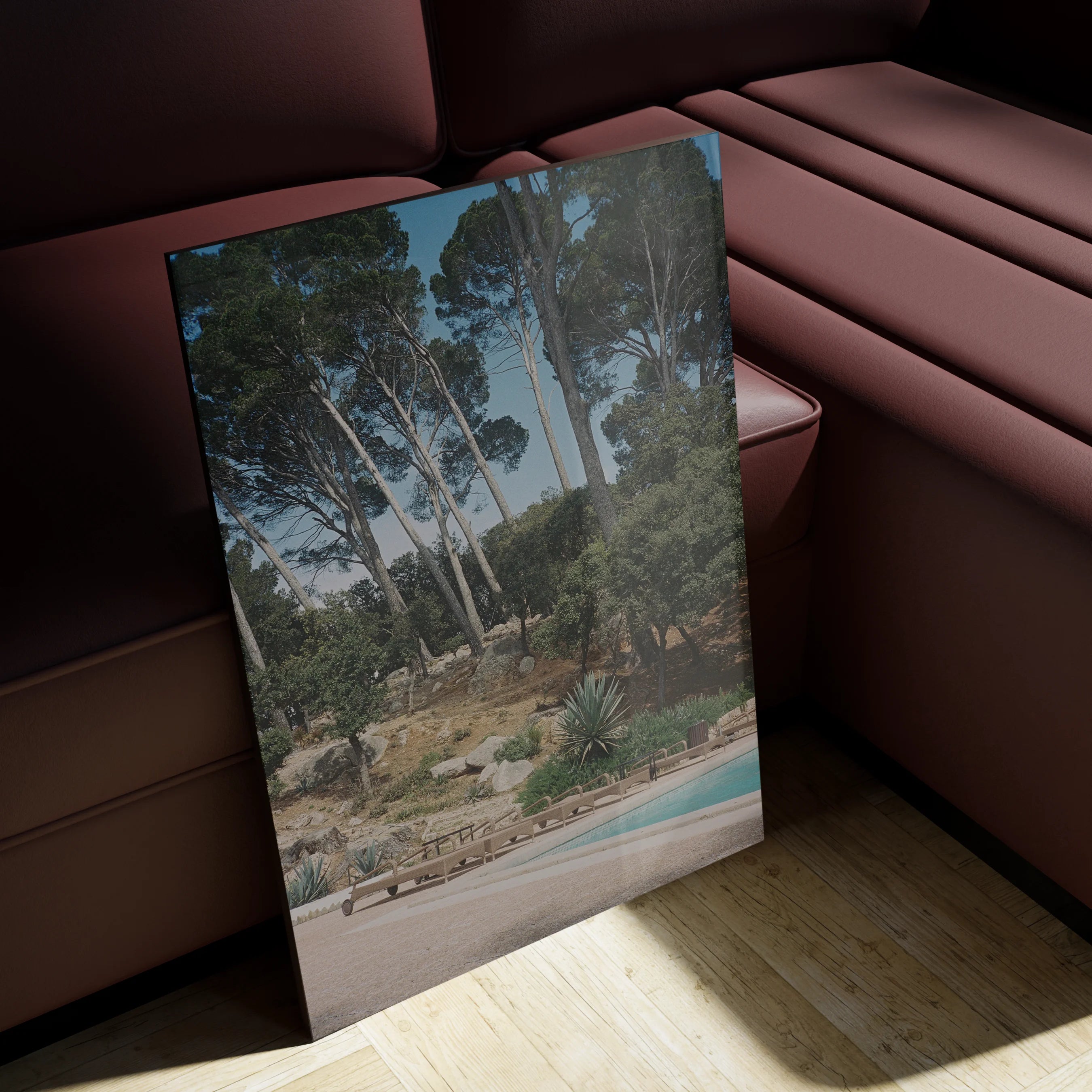 Piscina in a poolside lounge with rattan furniture and dappled pine shade across the floor