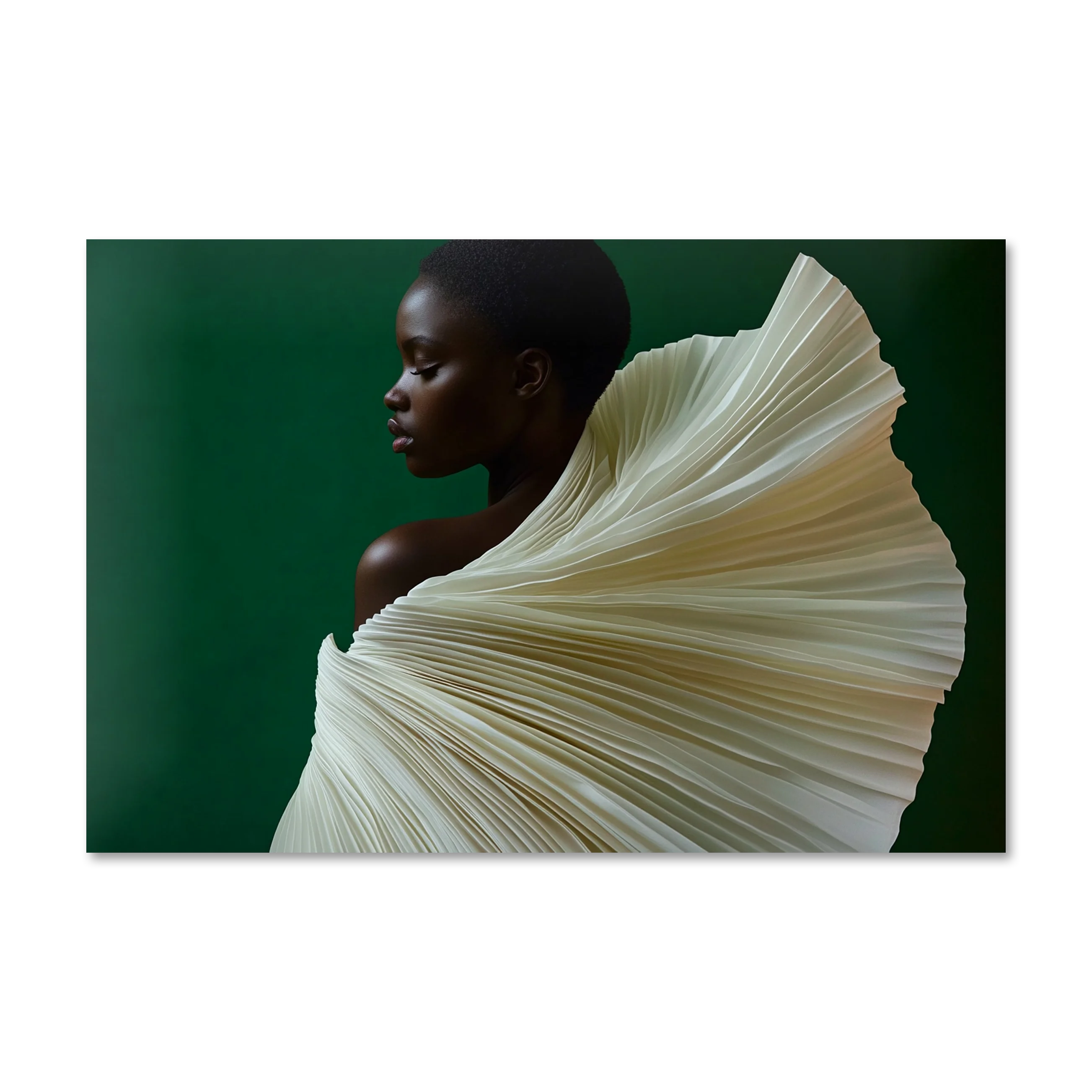 Quiet Majesty 1 — pleated cream wrap and still profile against deep forest green, frameless Alu-Dibond wall art