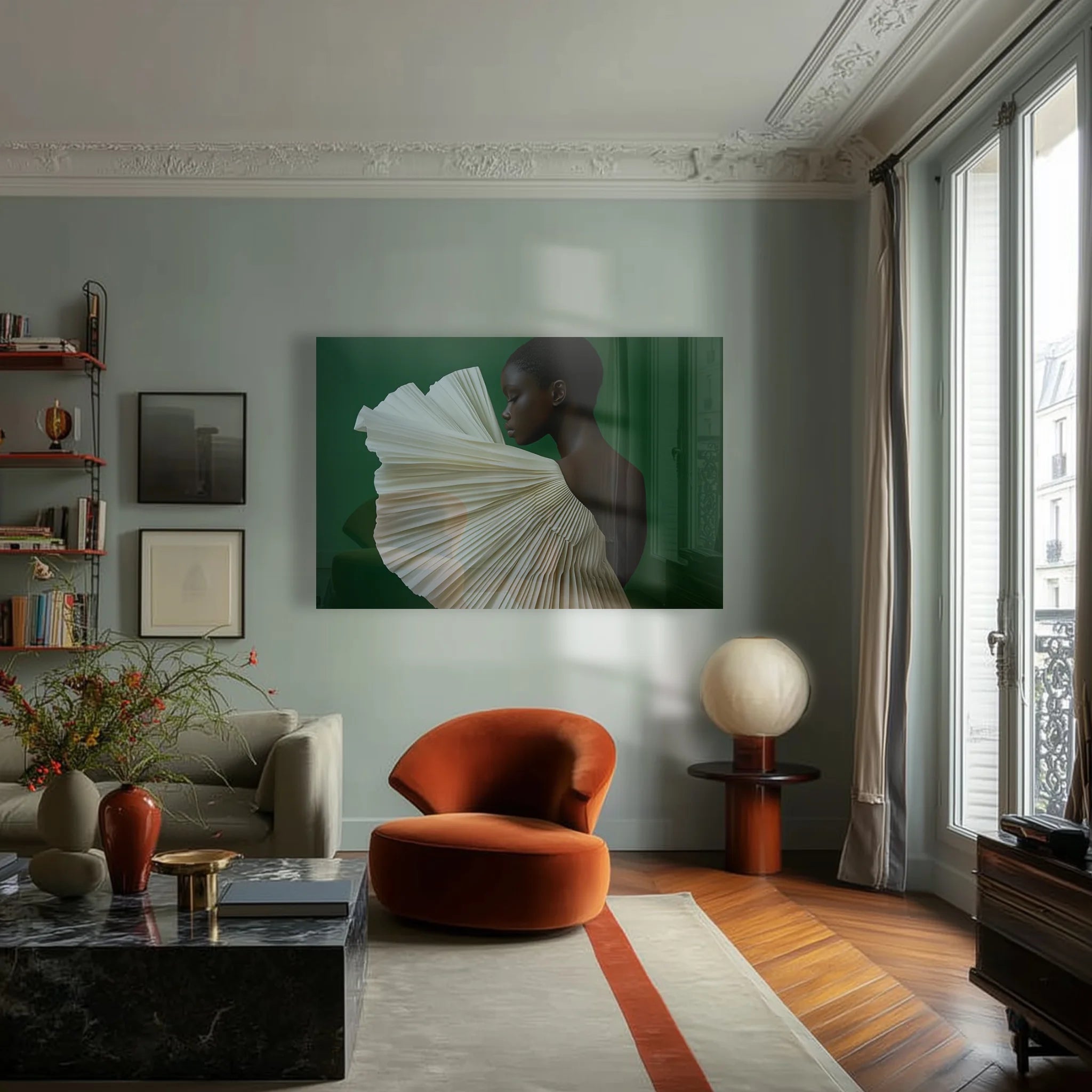 Quiet Majesty 4 above a linen sofa in a warm Berlin altbau living room