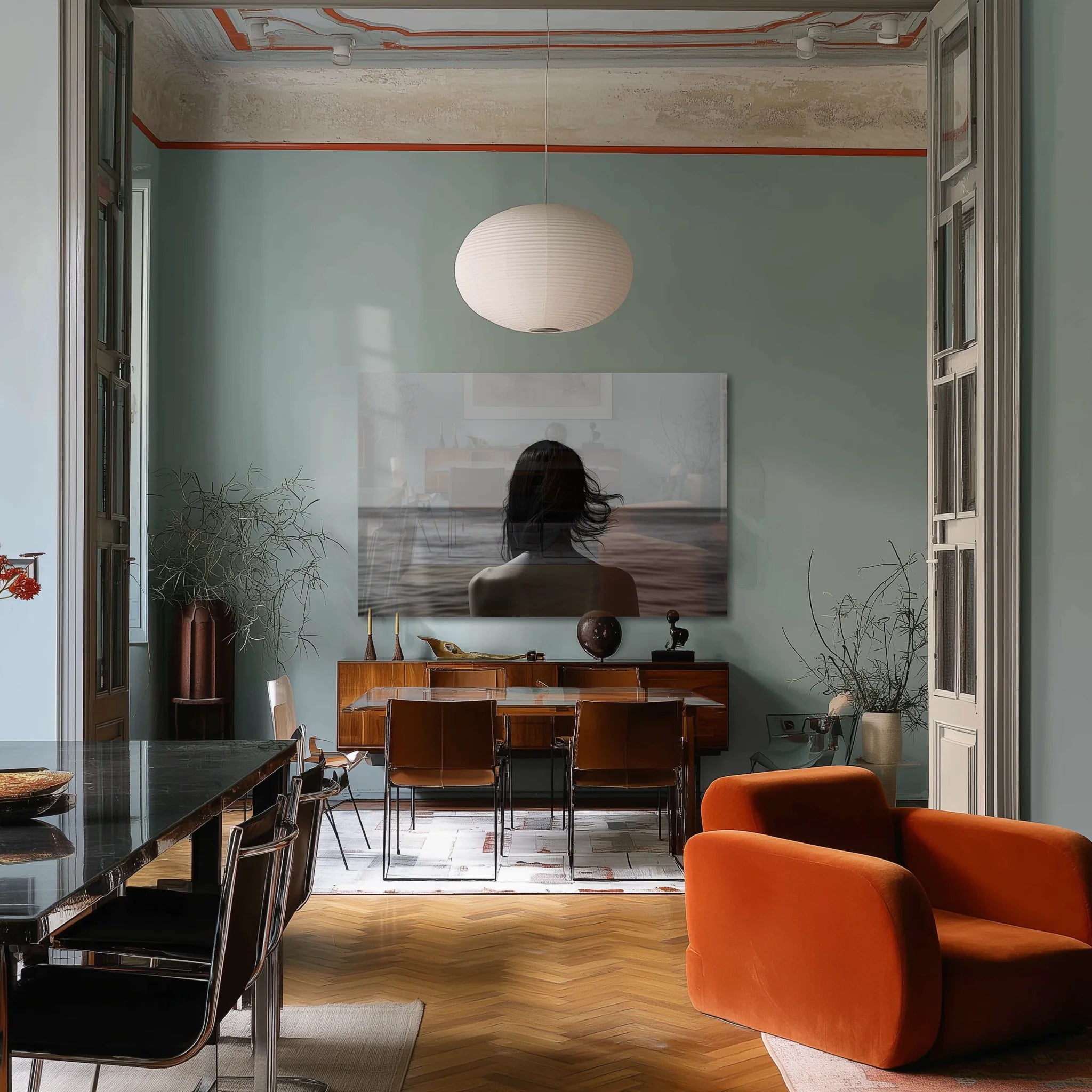 Shades of Tomorrow 2 in a modern dining space with pale plaster walls