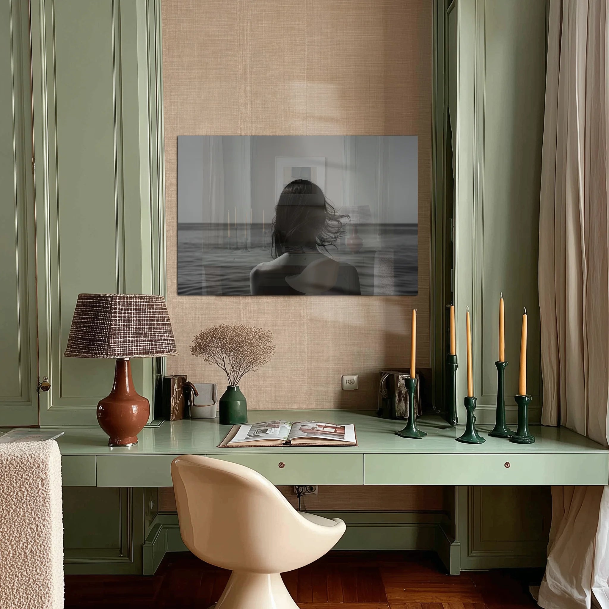 Shades of Tomorrow 2 anchoring a reading nook with a leather lounge chair