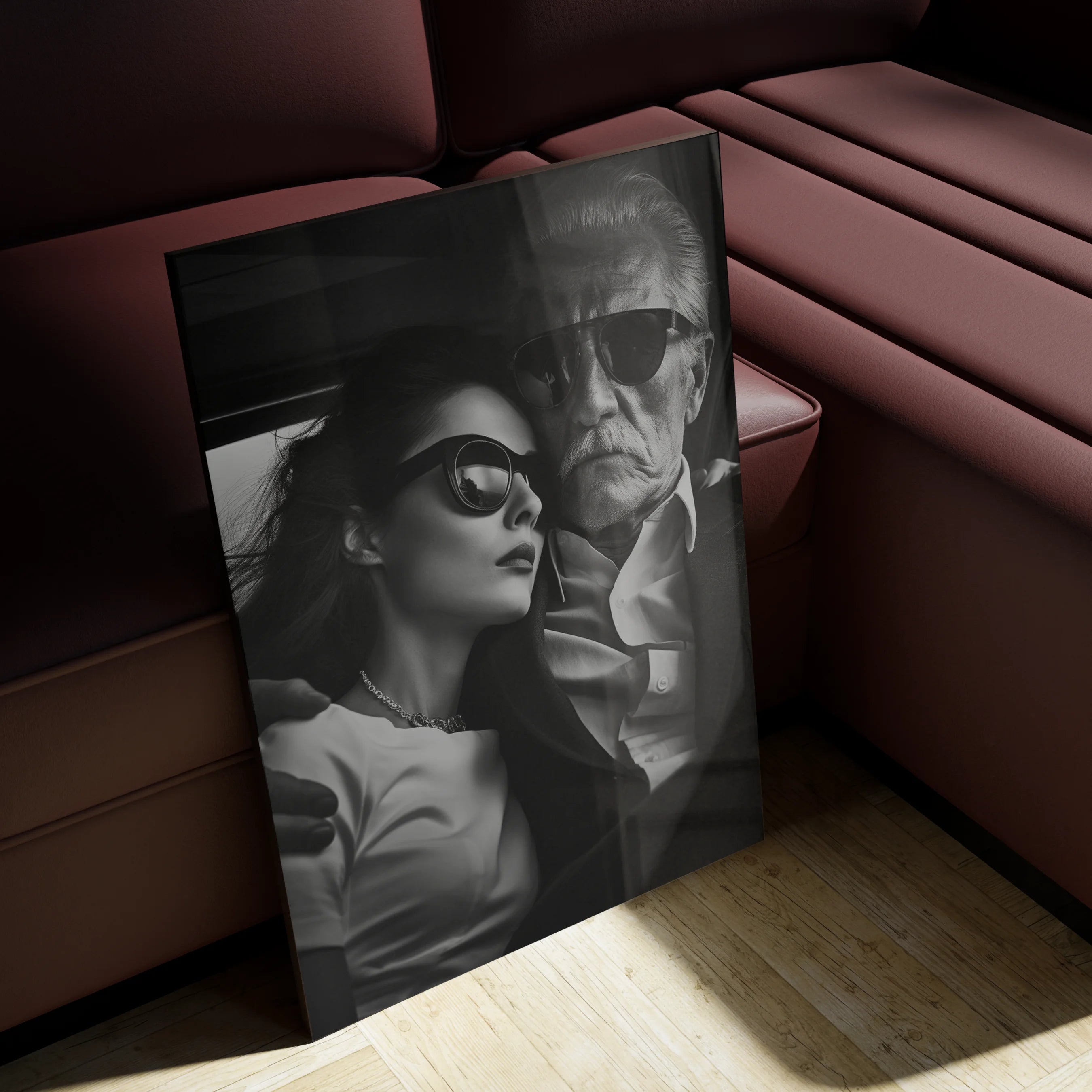 Shades of Tomorrow 4 over a walnut bar console in a dark cocktail-style lounge