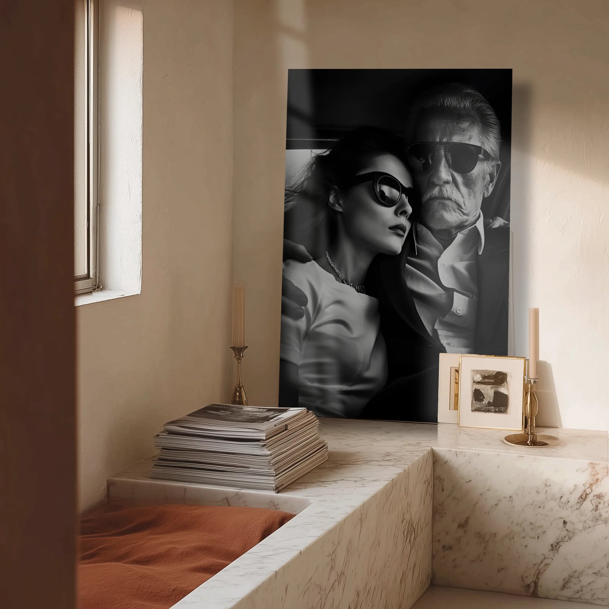 Shades of Tomorrow 4 in a minimalist marble bathroom under soft warm light