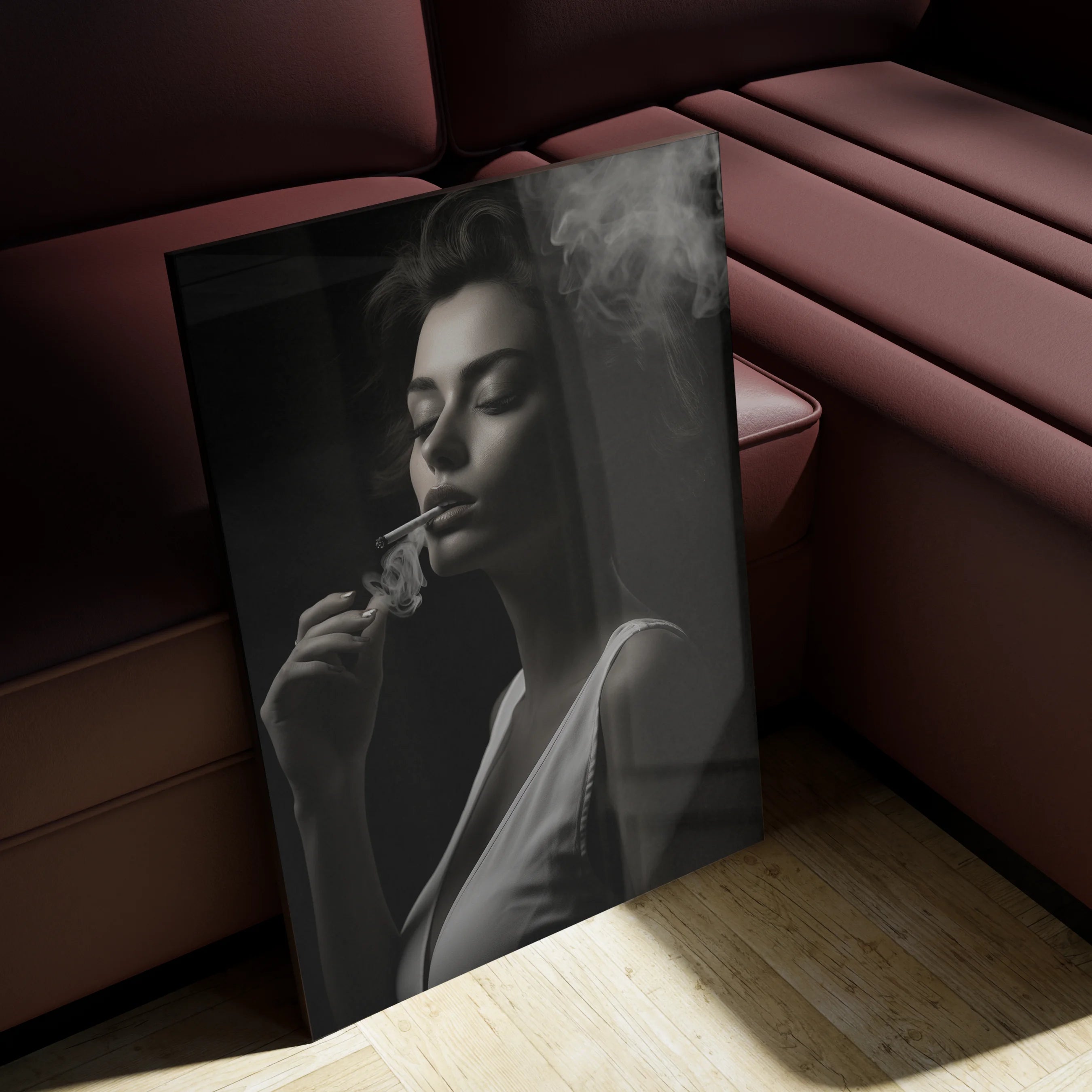 Shades of Tomorrow 5 above a velvet sofa in a low-lit Berlin altbau living room