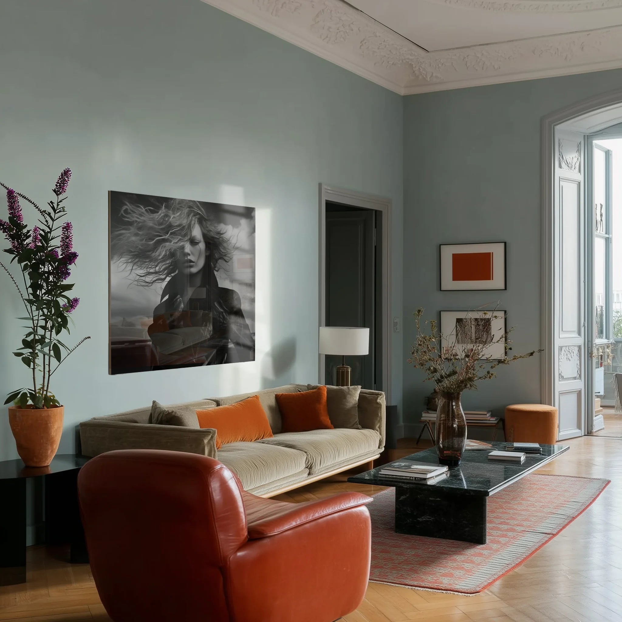 Shades of Tomorrow 6 in a moody dining room above a walnut sideboard