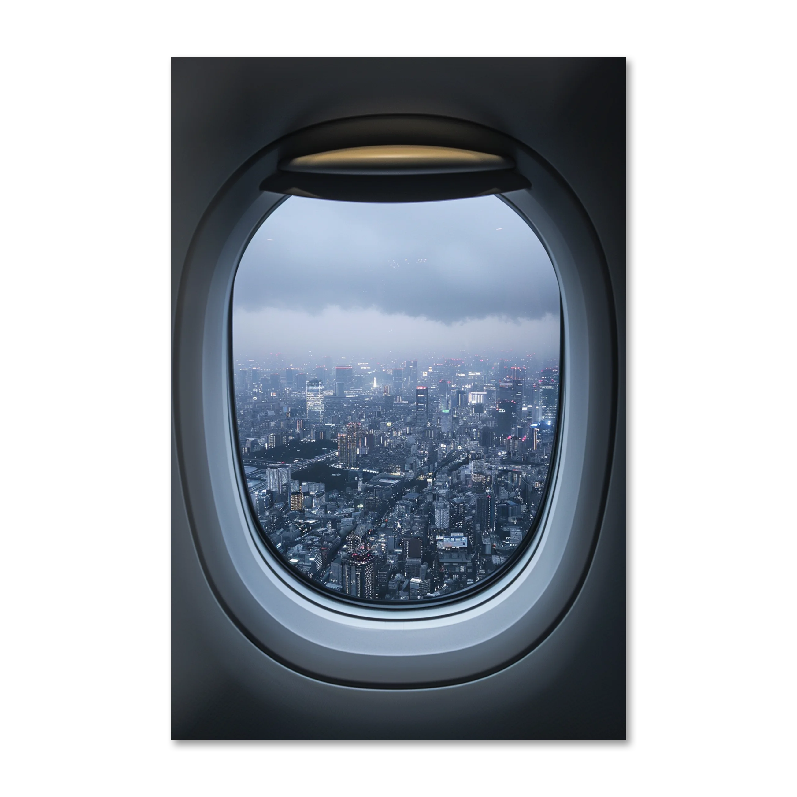 Sneakpeak 2 — Tokyo at blue hour through an oval aircraft window, on Alu-Dibond
