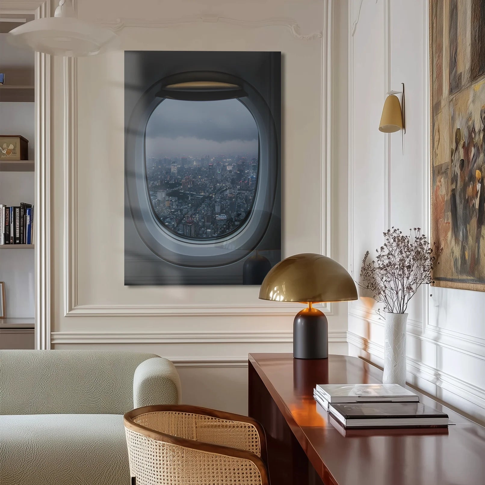 Sneakpeak 2 in a moody bedroom with dark walls and a single brass reading lamp
