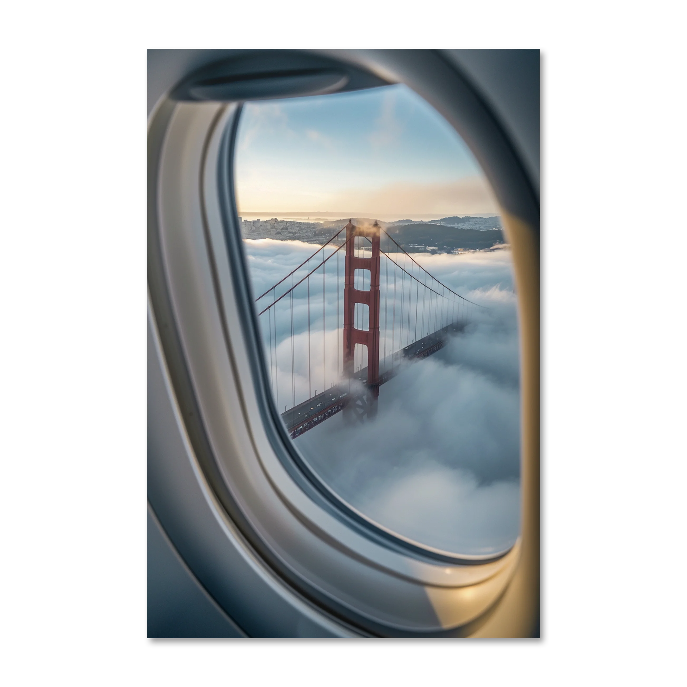 Sneakpeak 3 — Golden Gate Bridge through an aircraft window on frameless Alu-Dibond