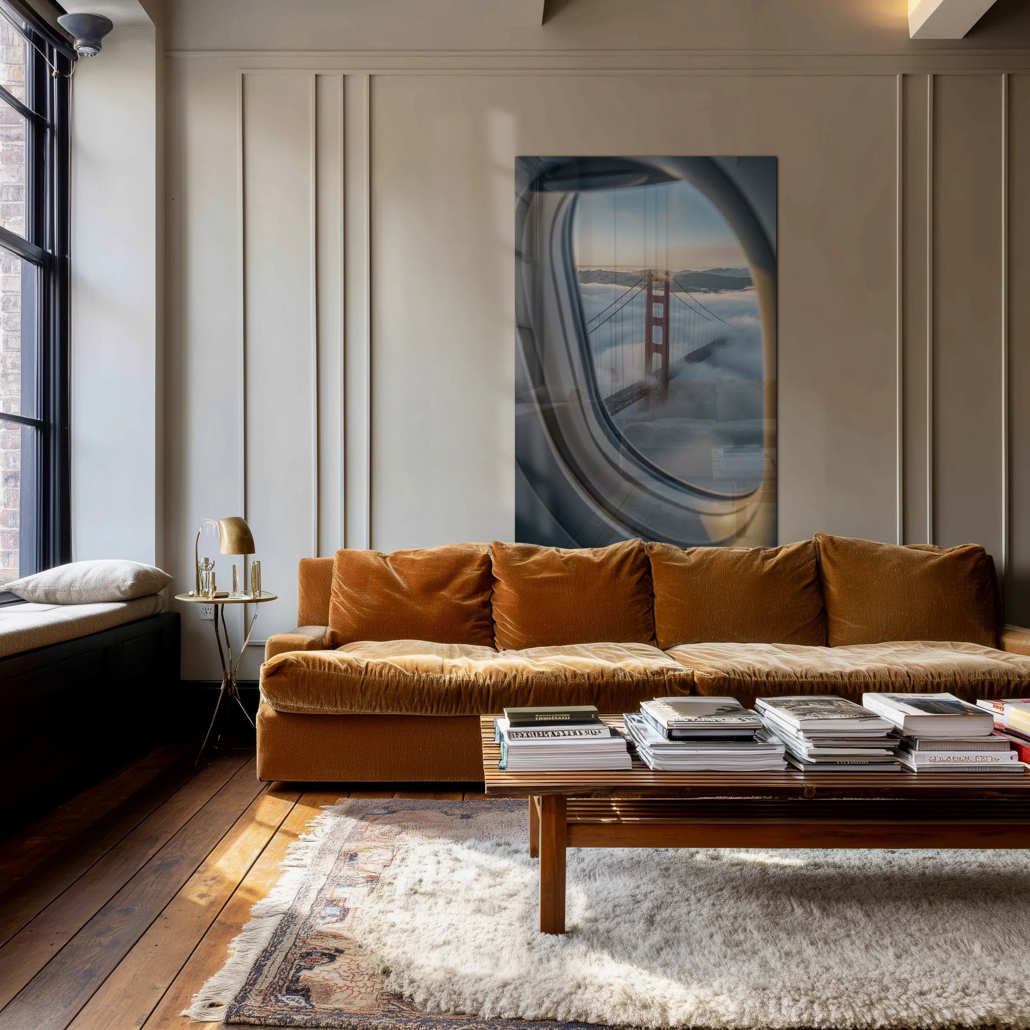 Sneakpeak 3 above a console table in an art-collector's foyer