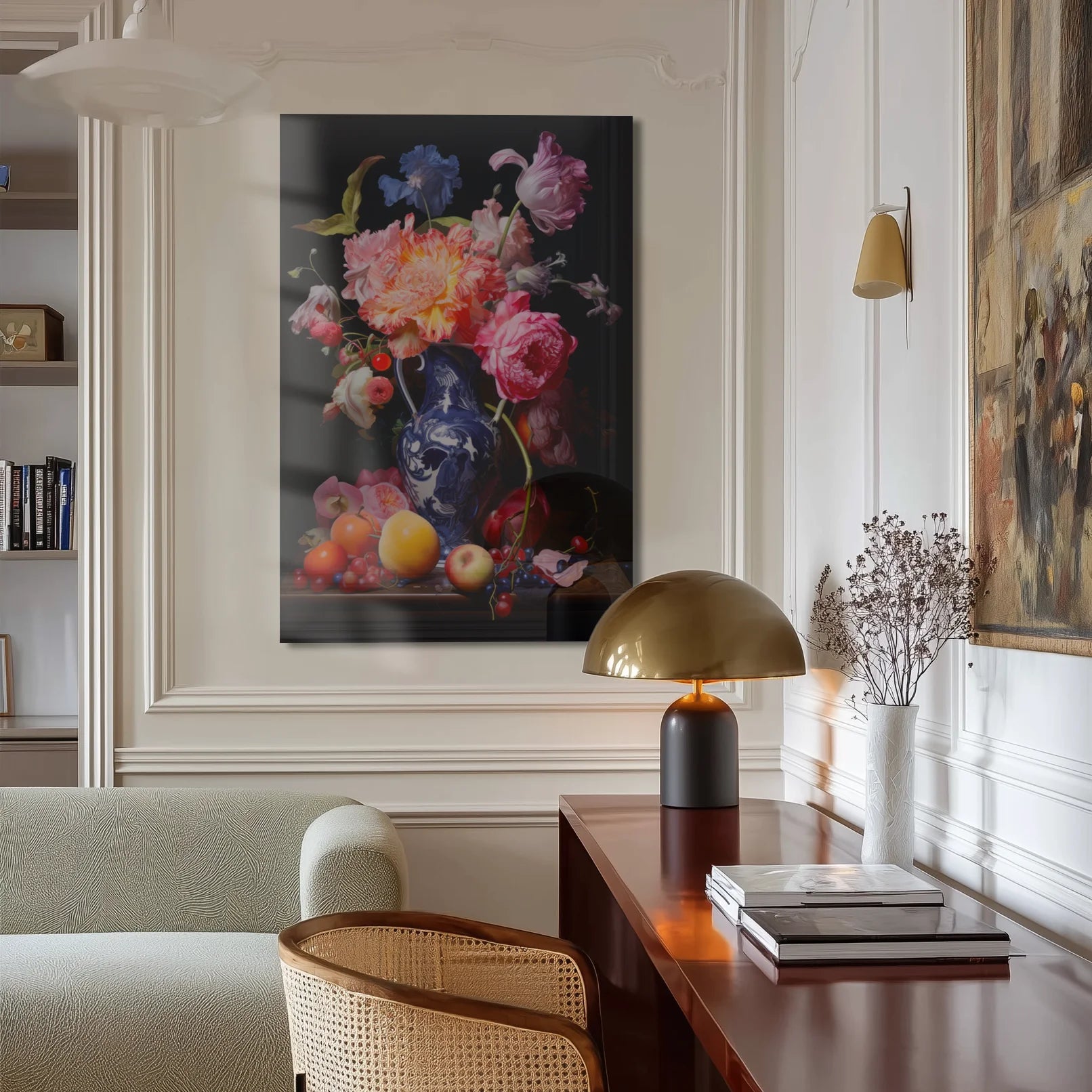Stiller Life 2 above a velvet sofa in a moody Berlin altbau living room