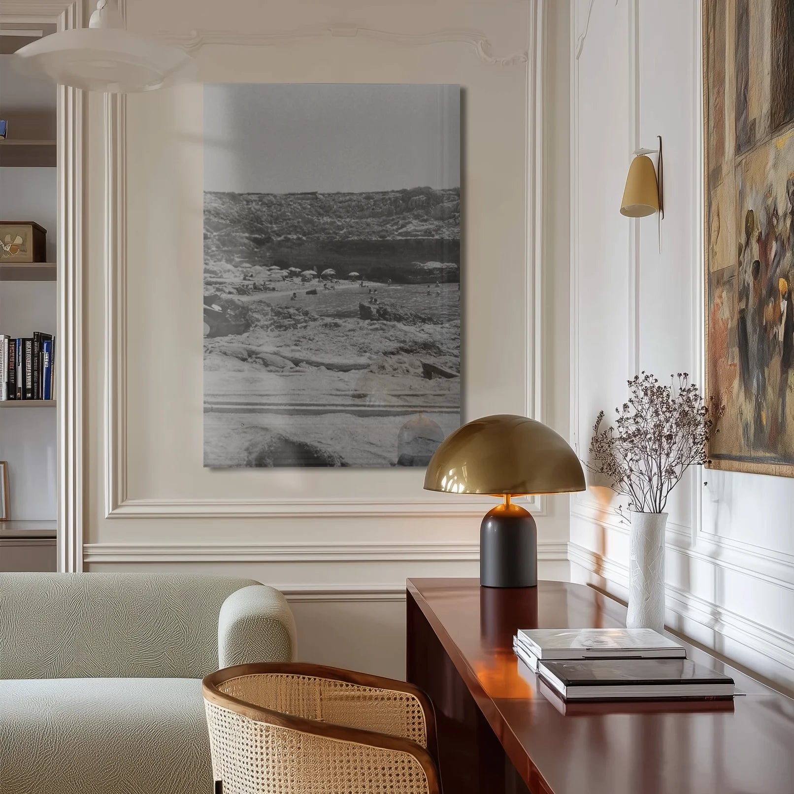 Stone Cathedral above a linen sofa in a warm Berlin altbau living room with soft daylight