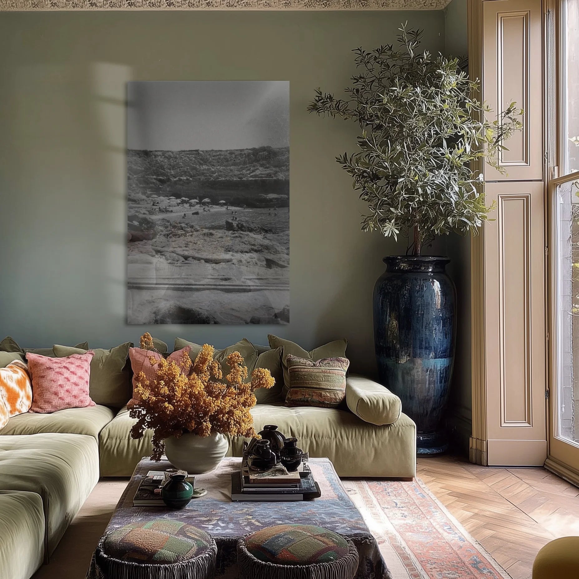 Stone Cathedral hung over a walnut console in a quiet entryway, mid-grey monochrome