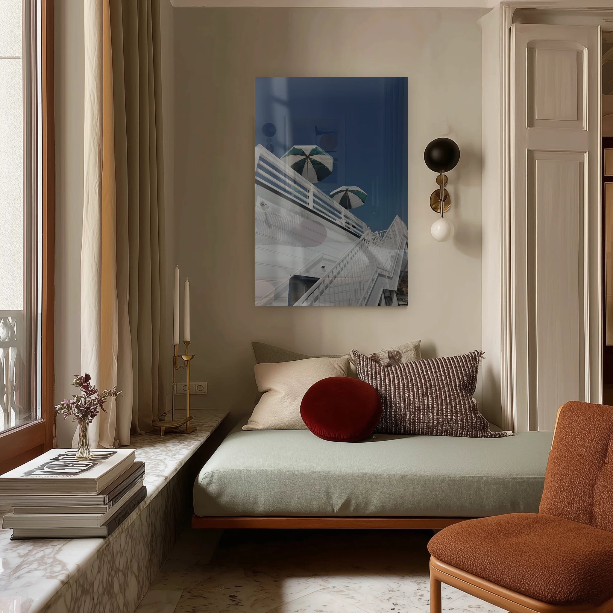 Terrazza above a linen sofa in a sunlit Berlin altbau living room