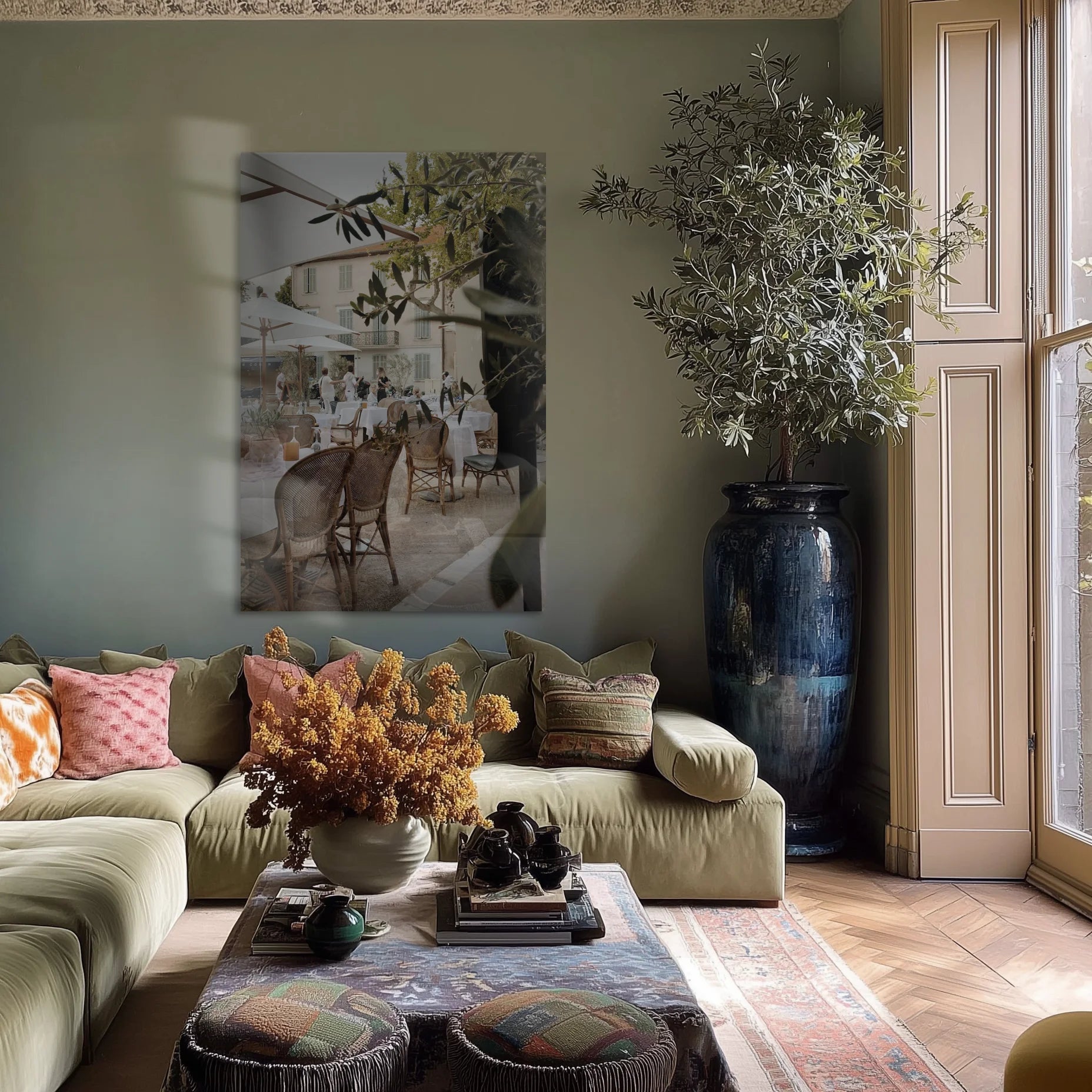The Observer on a soft plaster wall in a coastal villa interior