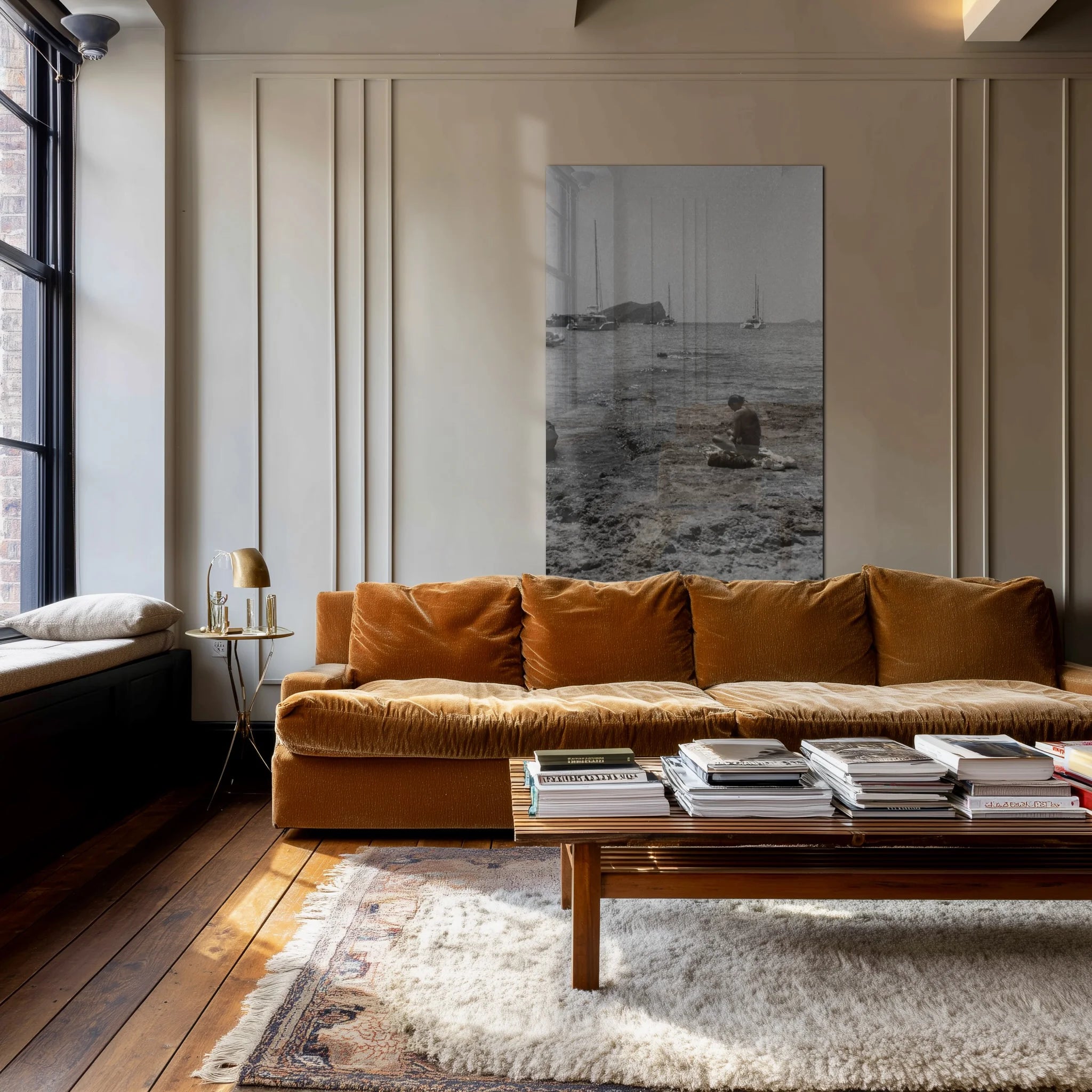 The Pilgrim above a linen sofa in a sunlit Mediterranean-modern living room