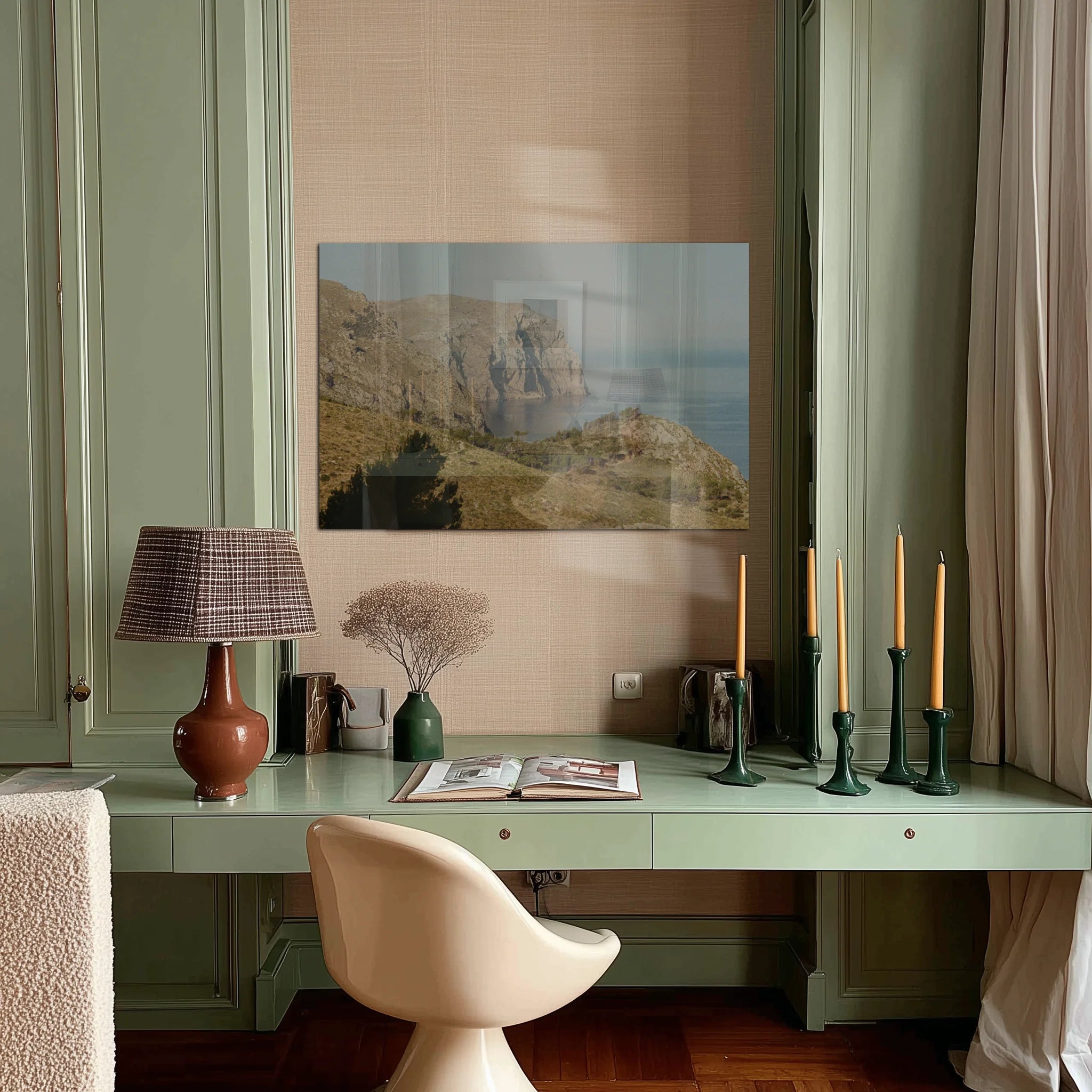 Verde Mare in a minimalist marble kitchen, soft Mediterranean afternoon light