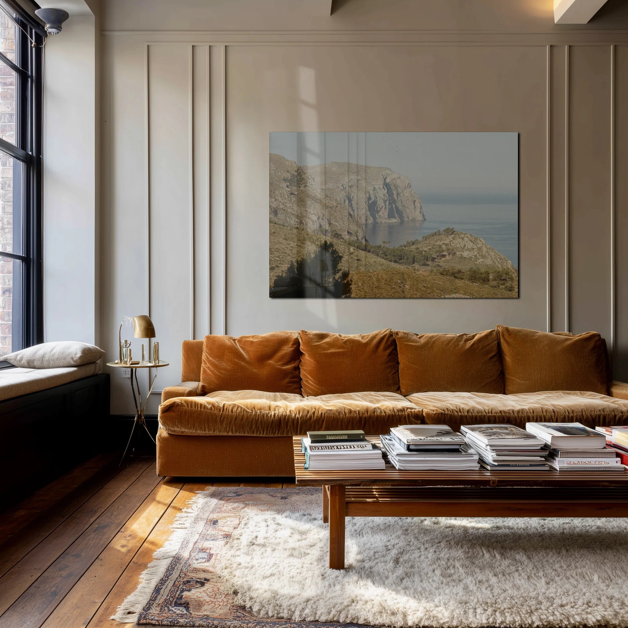 Verde Mare over a walnut sideboard in a quiet hallway, ceramics nearby