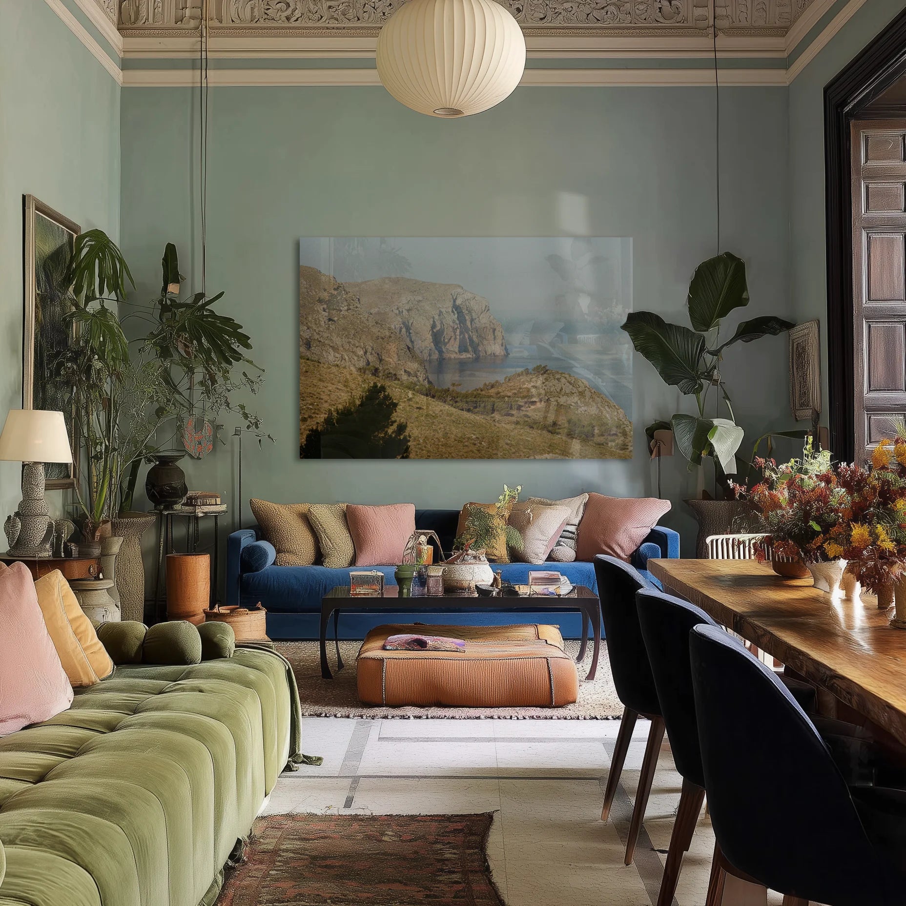 Verde Mare in a dining room above a travertine table, linen napkins