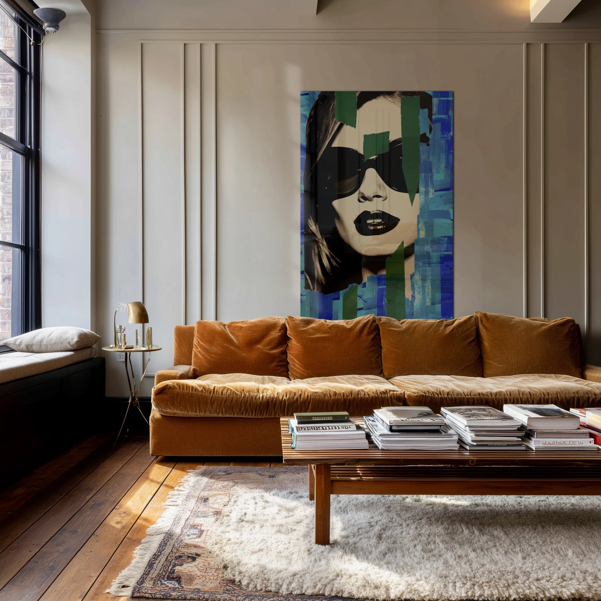 Vibrant Visions 7 above a black leather sofa in a Berlin loft with concrete walls