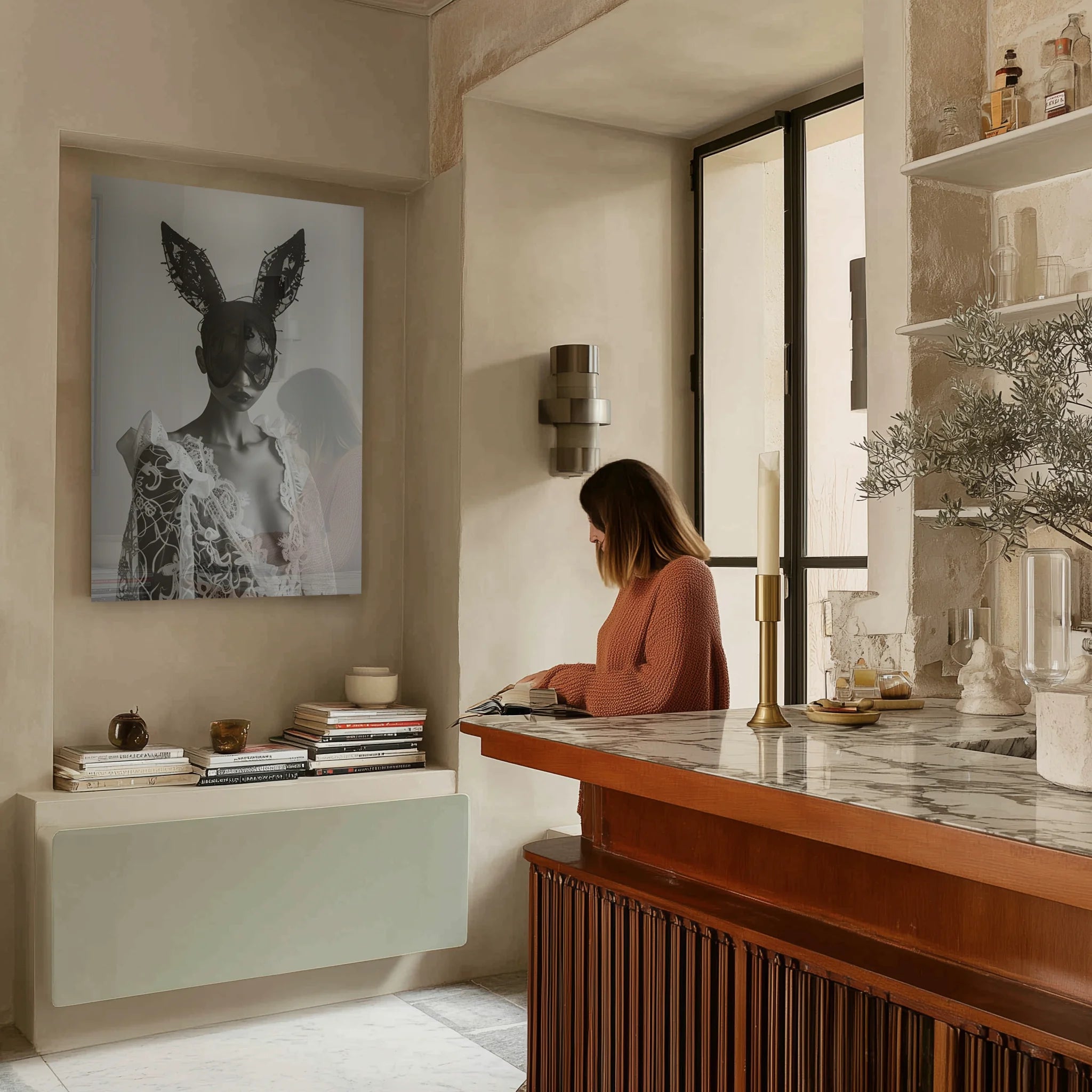 Wonderland 2 — living room 2, minimalist marble kitchen